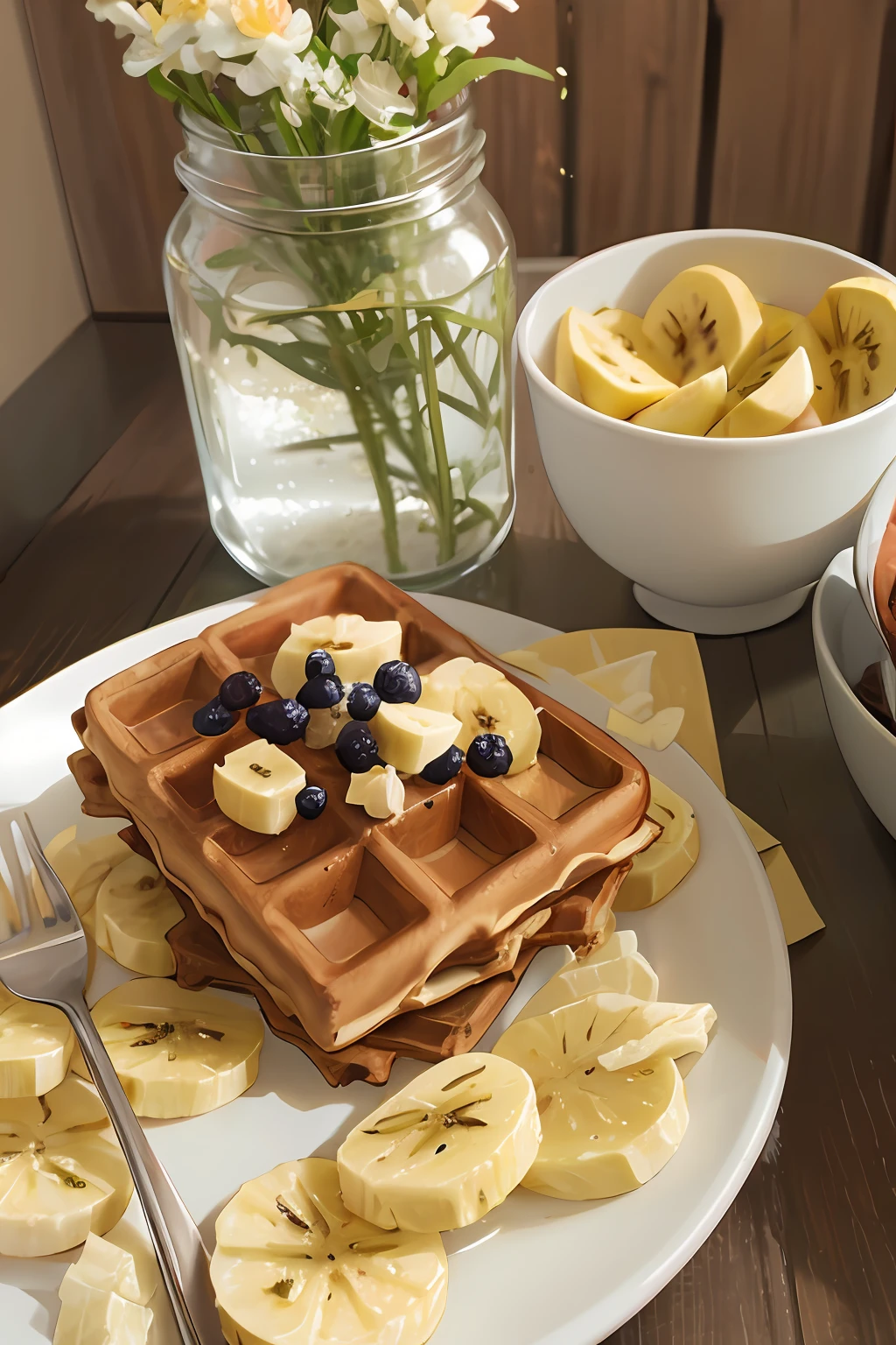 art by Cornflower,waffles with banana slices, flowers, paper, wooden table, wooden walls, dreamy, soft light, dreamy, cozy home, lazy morning, sunrise light , nobody