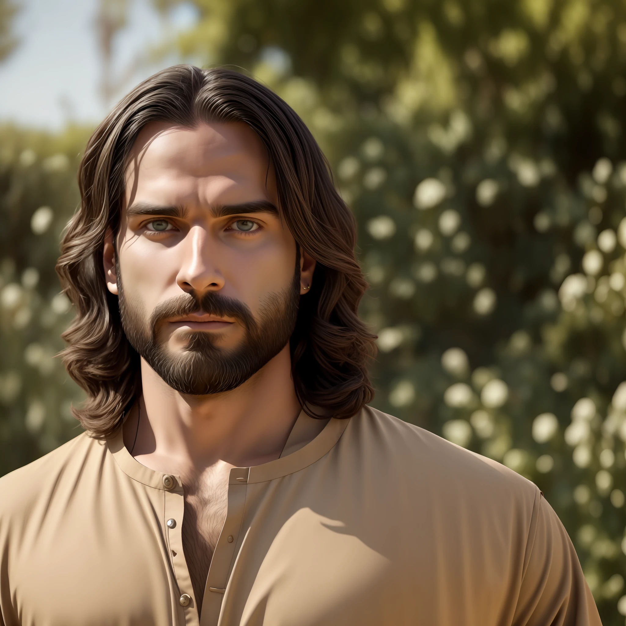 Seth Rollins as Jesus Christ, focus on face details, similar to seth rollins, wearing long beige Hebrew tunic, Jesus style from Bible, realistic image, Israel garden image background, best quality, 8k, focus on details.