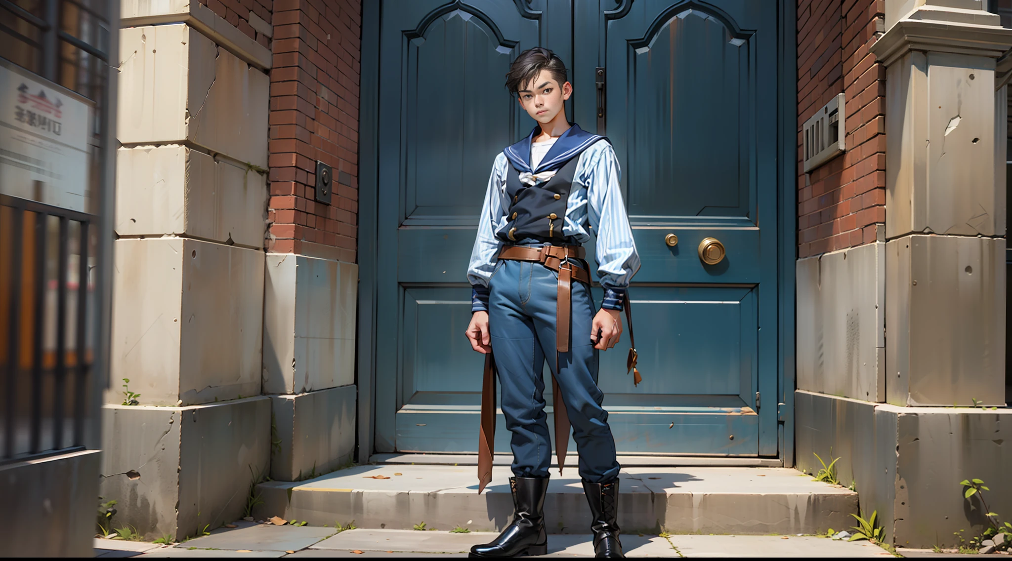Young male sailor, short hair,blue and white striped shirt, loose pants, leather boots,19th century clothing style,(Standing posture:1.5),(full body:1.6)