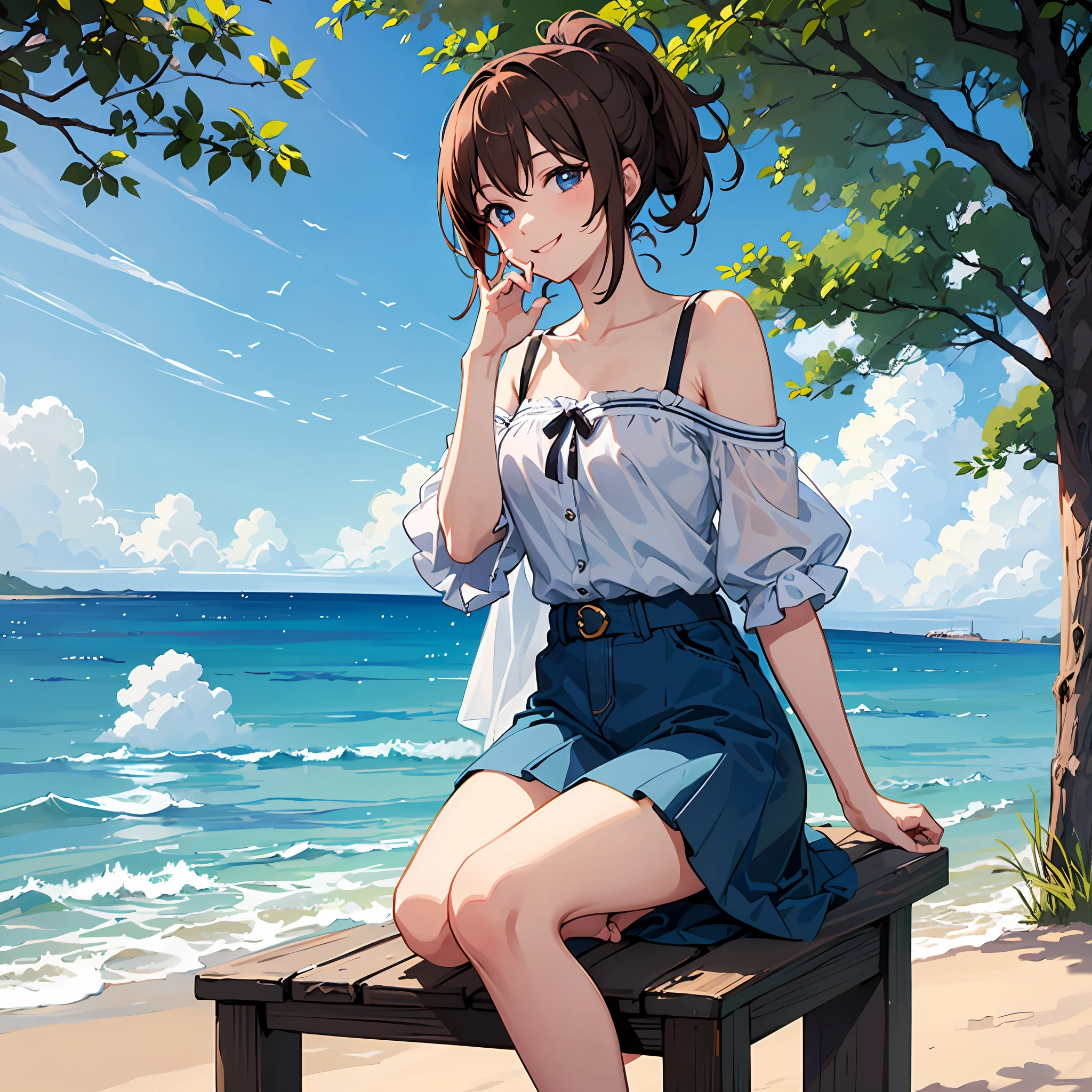 Ultra high res, best quality, masterpiece, cute anime girl, ponytail, brown hair, blue eyes, smiling, safe, summer, kawaii, alone, waiting for someone, hand on Cheek, show only half body, not showing feet, perfect anatomy