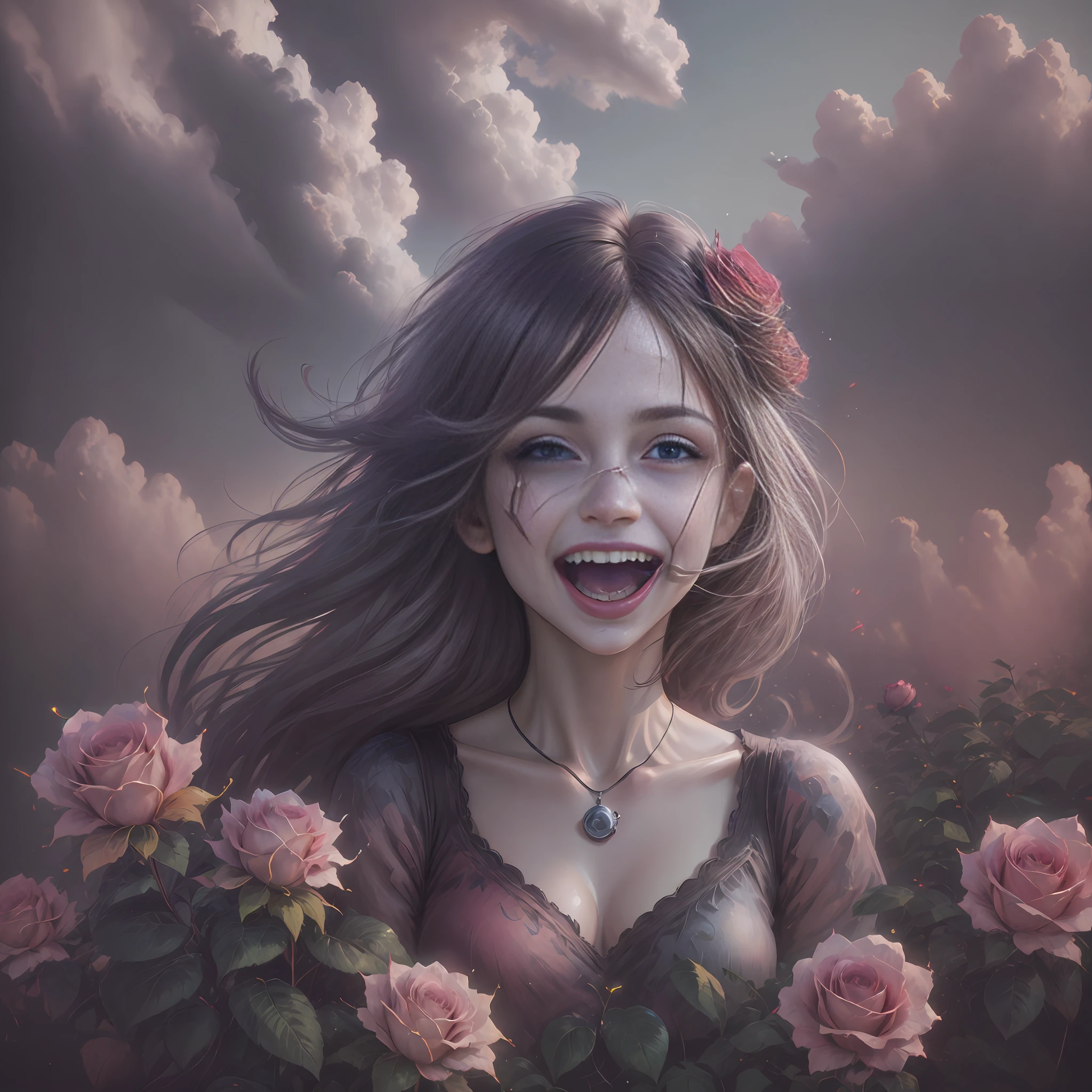 High Quality, Realistic, Real, Background (Beautiful Rose Field), Eyeball Eating Woman, Crazy Laughter, Bloodshed, Hell