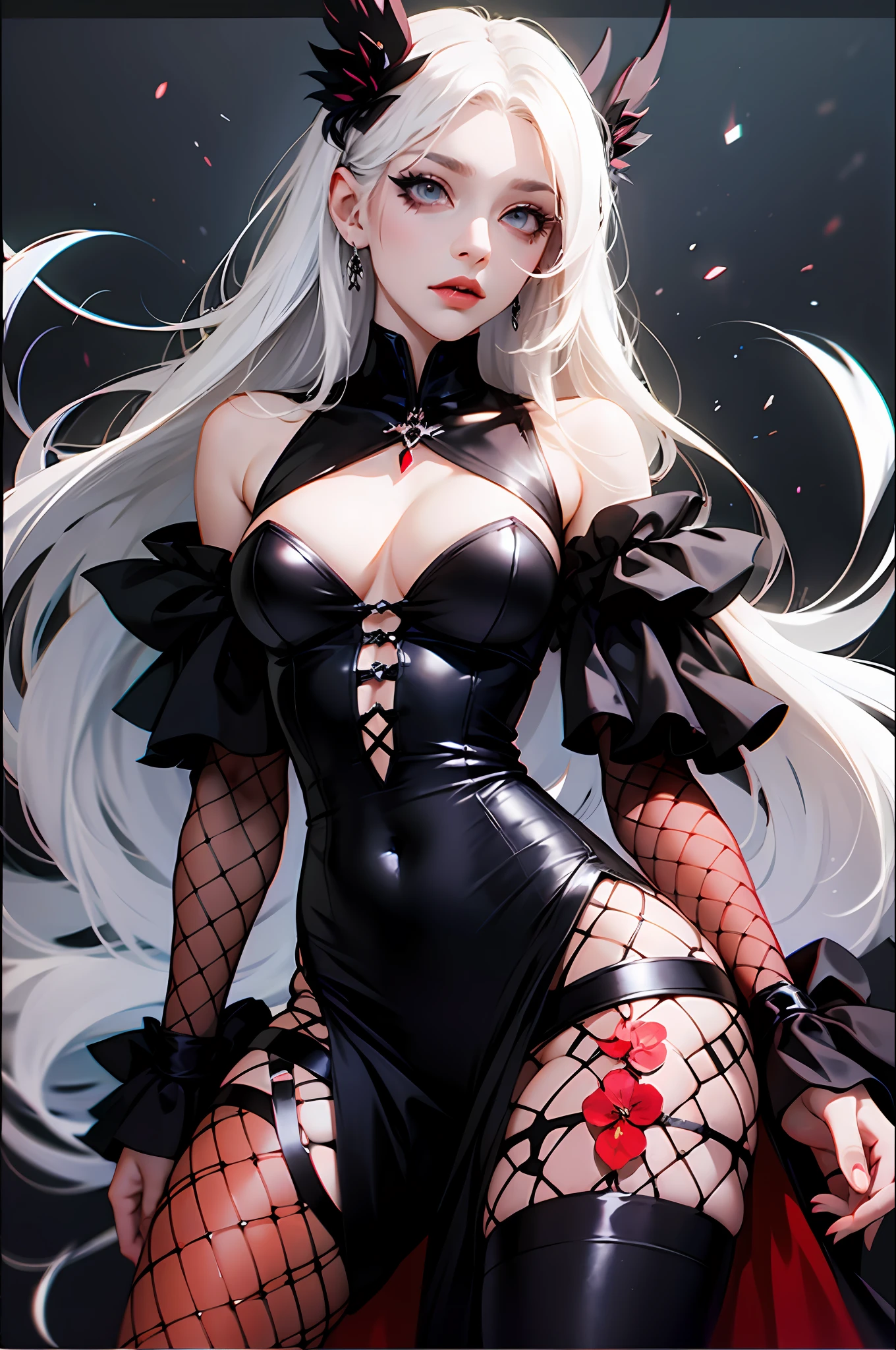 white long hair, white eyes, pale skin, cleavage, eyeliner, goth, gothic, edgy, evil, social london old clothes, woman, goth anime style, (8K) --auto --s2