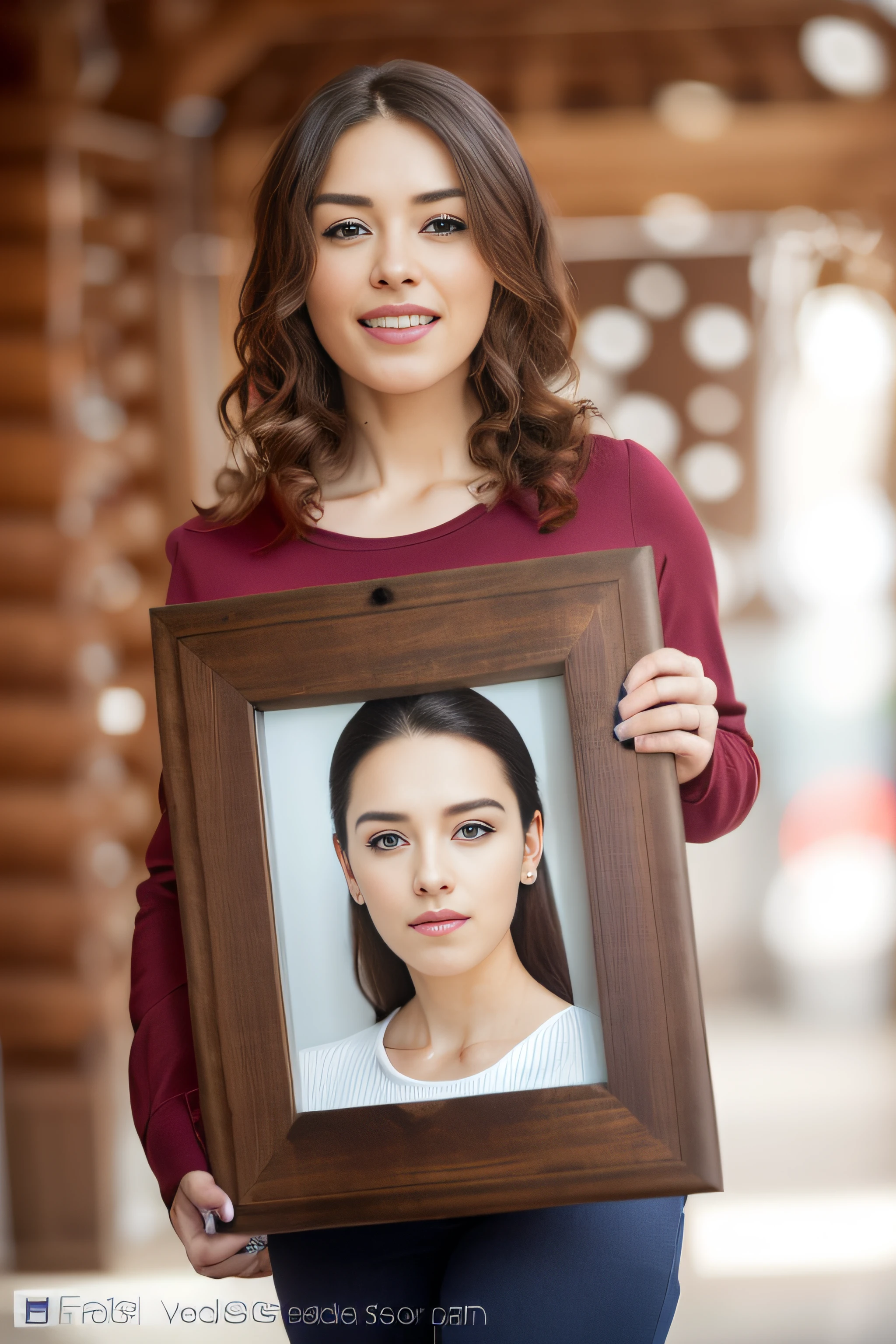 Frontal photo of ((stunning)) woman, epic (photo, studio lighting, hard light, Sony A7, 50mm, matte skin, color, ultra-detailed, surreal), ethereal, smile, perfect face, perfect eye, 4k, well crafted girl holding a blank picture frame, photo frame, interior, (Christmas tree: 1.5), (living room: 1.5), happy, portrait size, high quality portrait, shot-in-photo, in one frame, her entire head fits frame, single portrait, large portrait, medium length portrait, center frame portrait, shape picture, perfect framing, photo portrait, wooden frame, beautiful wooden frame, full portrait
