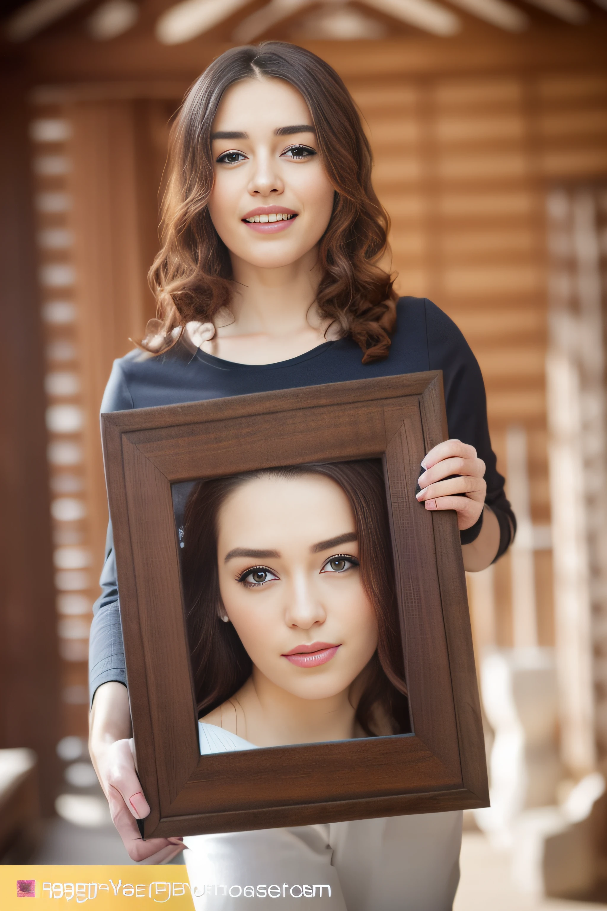 Frontal photo of ((stunning)) woman, epic (photo, studio lighting, hard light, Sony A7, 50mm, matte skin, color, ultra-detailed, surreal), ethereal, smile, perfect face, perfect eye, 4k, well crafted girl holding a blank picture frame, photo frame, interior, (Christmas tree: 1.5), (living room: 1.5), happy, portrait size, high quality portrait, shot-in-photo, in one frame, her entire head fits frame, single portrait, large portrait, medium length portrait, center frame portrait, shape picture, perfect framing, photo portrait, wooden frame, beautiful wooden frame, full portrait