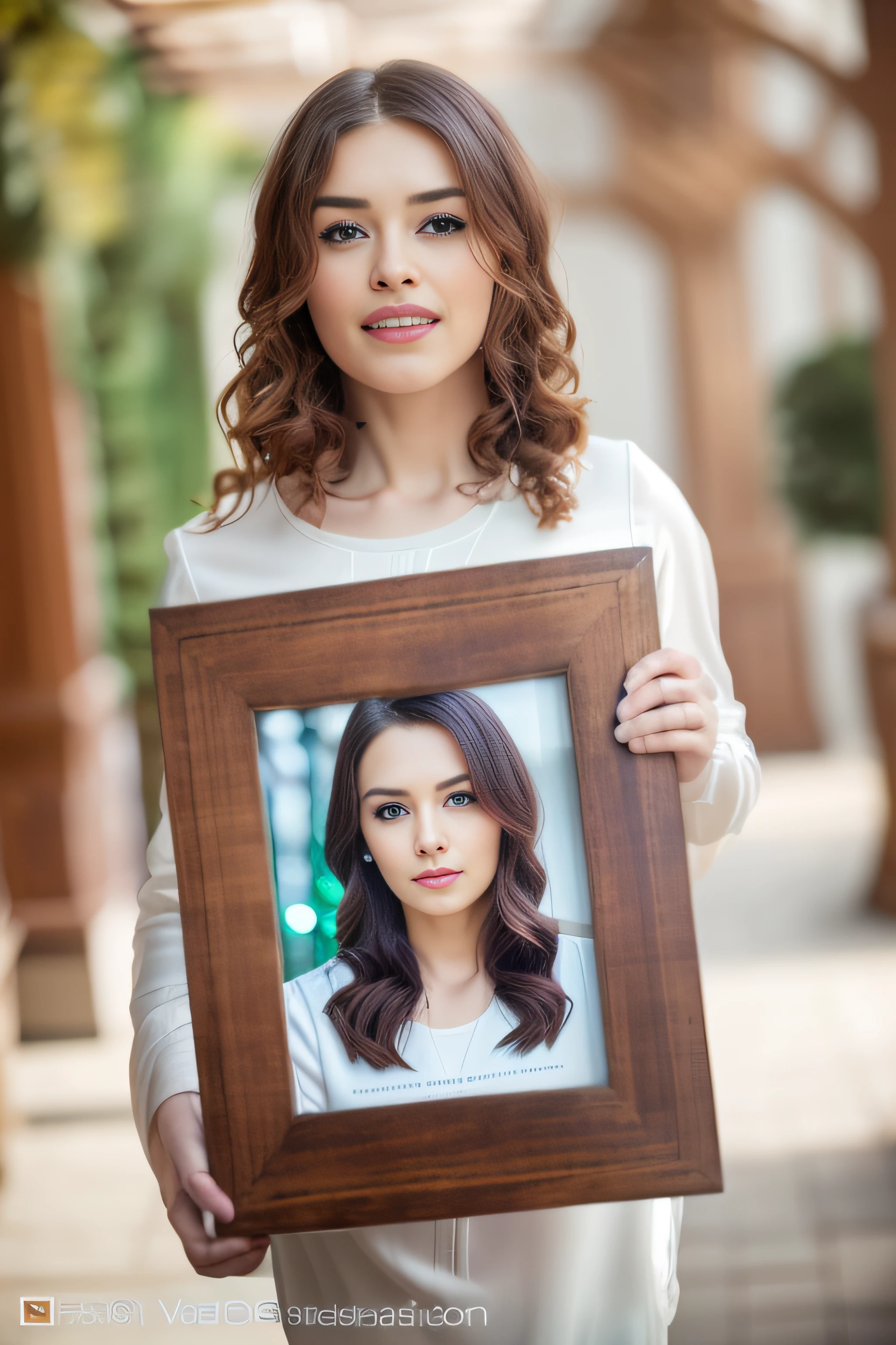 Frontal photo of ((stunning)) woman, epic (photo, studio lighting, hard light, Sony A7, 50mm, matte skin, color, ultra-detailed, surreal), ethereal, perfect face, perfect eye, 4k, well crafted girl holding a blank picture frame, photo frame, interior, (Christmas tree: 1.5), (living room: 1.5), happy, portrait size, high quality portrait, shot-in-photo, in one frame, her entire head fits frame, single portrait, large portrait, medium length portrait, center frame portrait, shape picture, perfect framing, photo portrait, wooden frame, beautiful wooden frame, full portrait