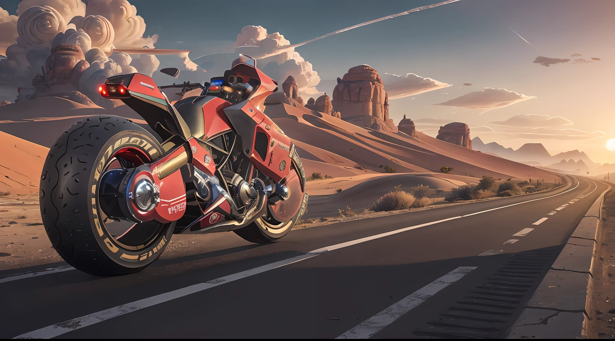 official art, unity 8k wallpaper, ultra detailed, beautiful and aesthetic, masterpiece, best quality, realist, akirabike red, cycling, cyberpunk city view, epic screen, desert scenery studio light,cloudy day