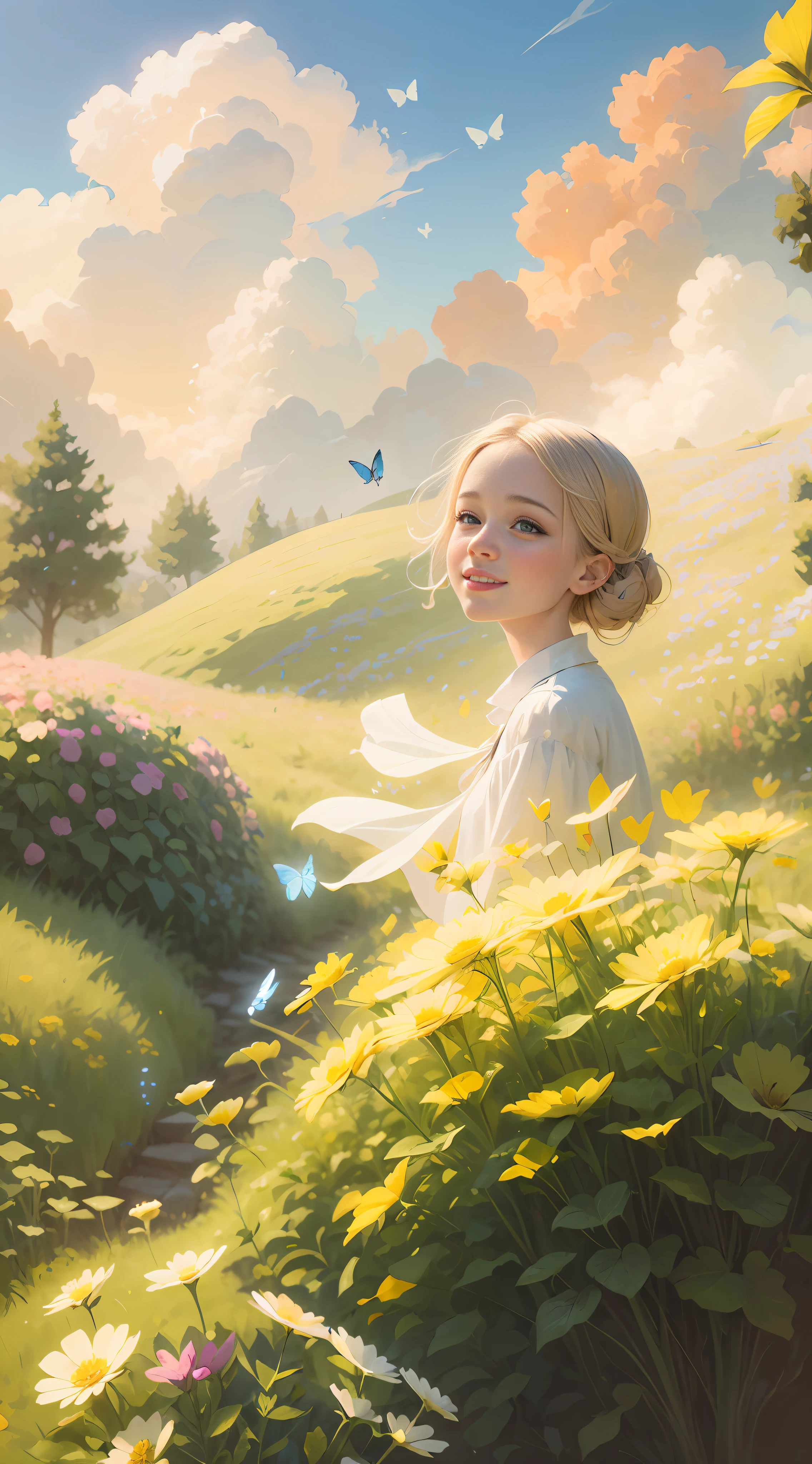 Illustration of a girl, 1 blonde child of "10 years", "happy" in an enchanted flower garden, wearing long dress of braco and blue color, blue sky of clouds, playing with butterflies, beautiful illustration, beautiful UHD 4k art, a beautiful art illustration, art in the style of guweiz, atey ghailan 8K, artgerm and atey ghailan, girl,  1 blonde child of "10 years", wearing long dress of white and blue color, happy in an enchanted flower jadim, playing with butterflies, (butterflies). (best quality, masterpiece), pose, particles, wind, flower, full body, enchanted garden background, looking at the butterflies. --auto