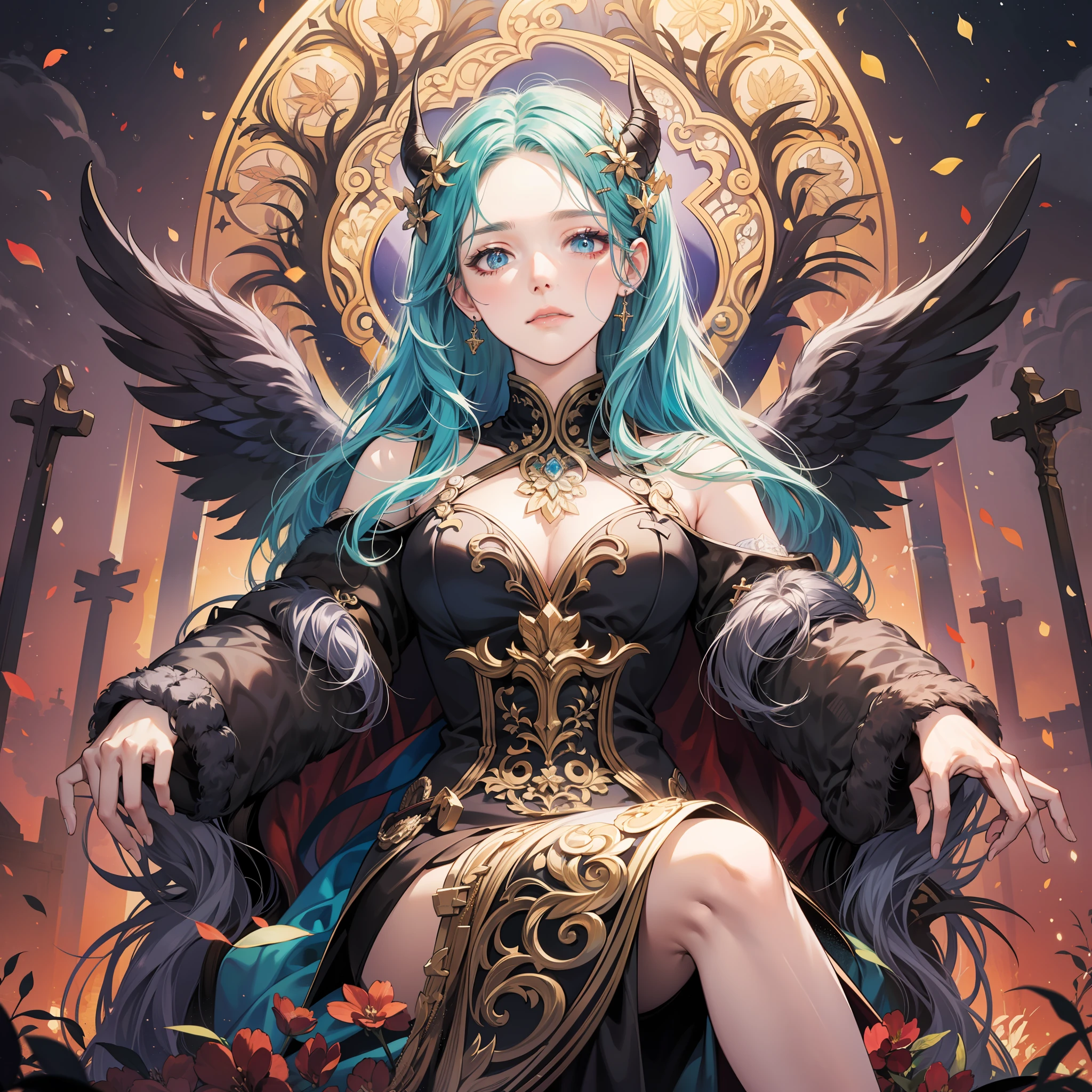 Lucifer, dark fantasy, detailed and provocative look, condescending, high quality, fallen angel, fine detail, beautiful skin, beautiful hair, ornate hair ornament, sitting on a throne with arms crossed, church illuminated by moonlit night