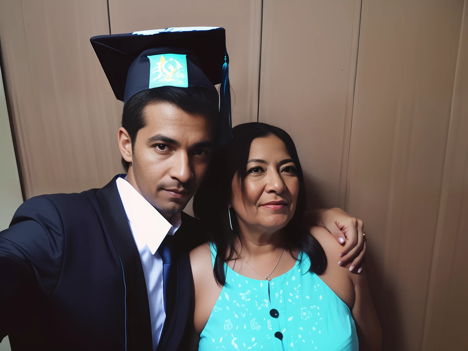 a son and his mother posing for a photo together, profile picture, graduation, 40 years old brazilian mother, graduation photo, profile picture, malika favre, profile picture, high quality photos, photo, blue eyes --auto