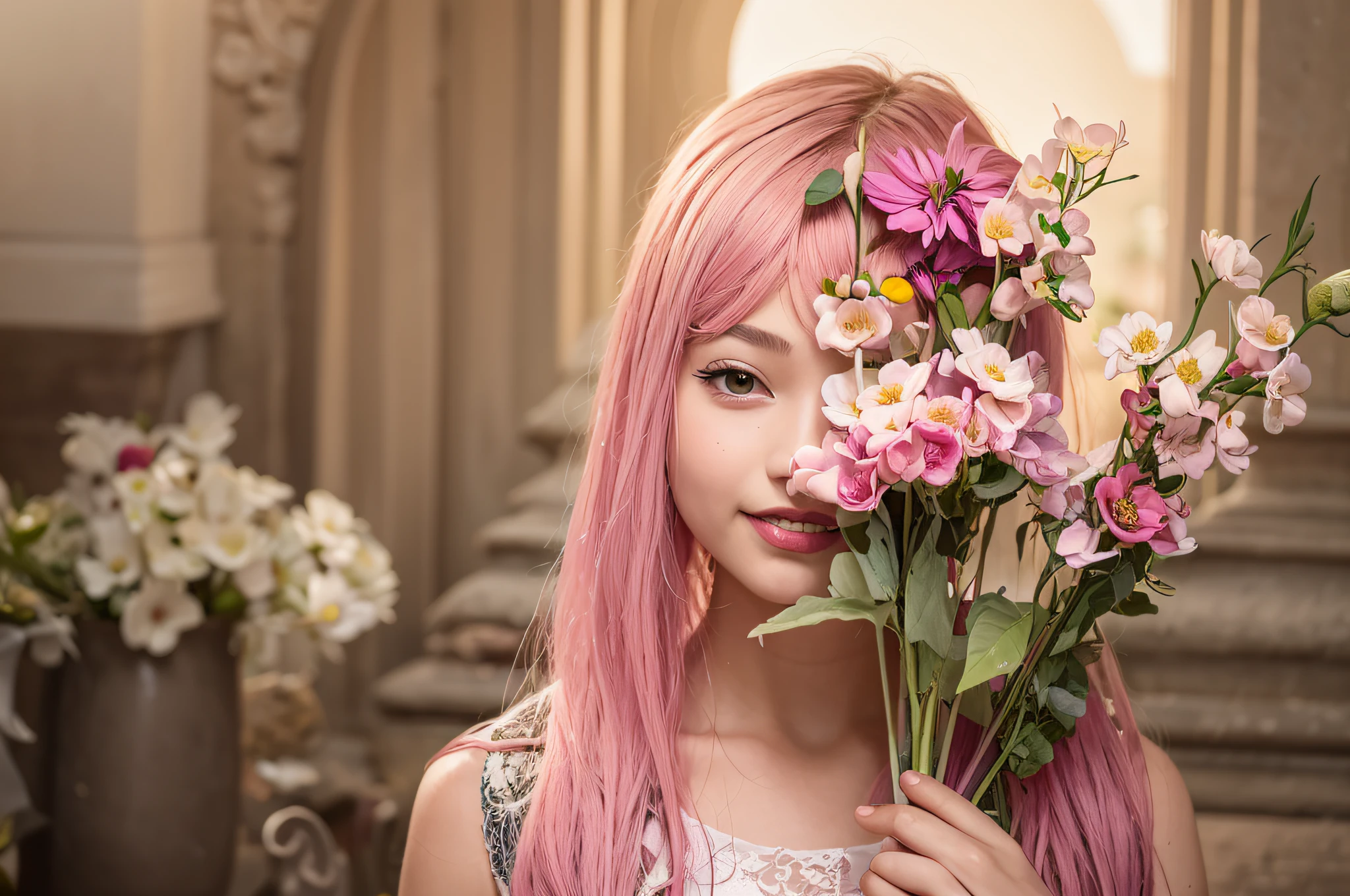 there is a girl with pink hair holding a bunch of flowers, kind cyborg girl with flowers, beautiful pink little alien girl, beautiful pink little girl, with flowers, pink girl, girl with a flower face, with pink hair, girl in flowers, portrait of magical young girl, girl with a flower head, flowers on heir cheeks, elf girl wearing an flower suit