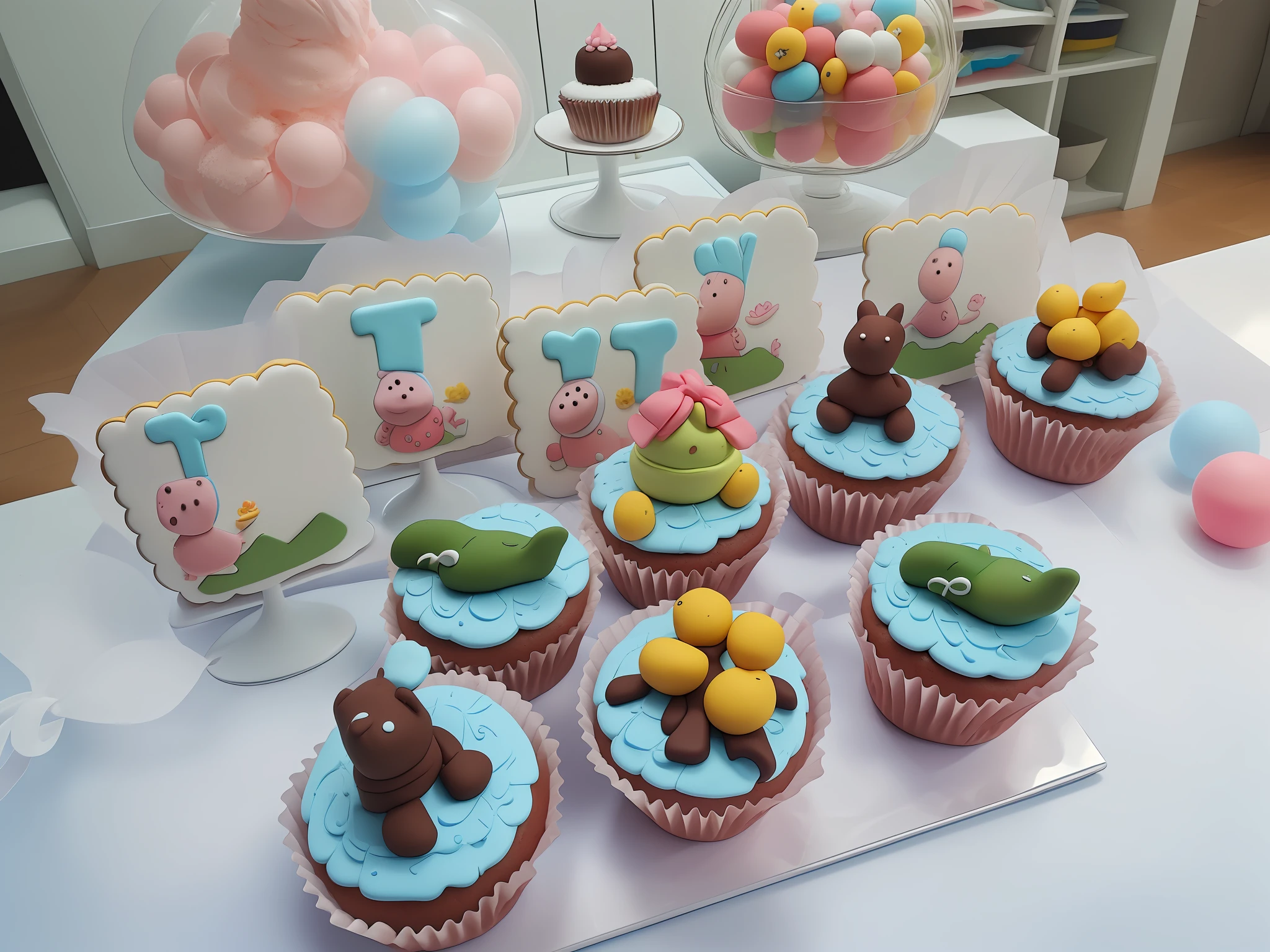 There are cupcakes with different designs on a table, Peppa Pig, Peppa Pig, yummy, shaped cake, added details, cakes, birthday, celebrations