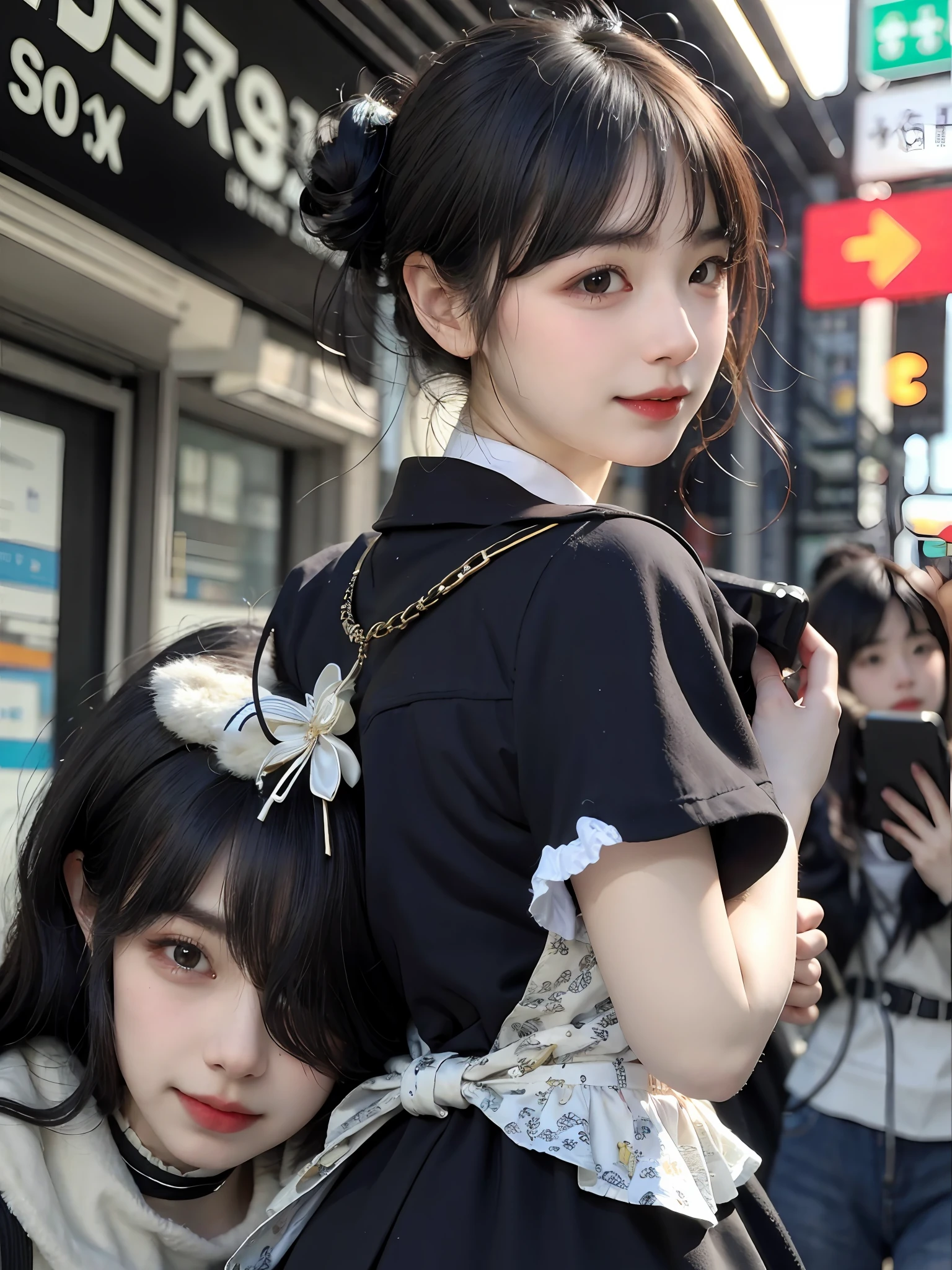 (8k, best quality, masterpiece: 1.2), (realistic, realistic, photorealistic: 1.37), 2 girls, hyper detail, beautiful detail eyes, beautiful detail nose, (((2girls))), twin girls, short sleeve sailor suit, pleated short skirt, 7 minutes photo, subway station, smile, crowds, standing, carrying a school bag, (((turn back, look back)))
