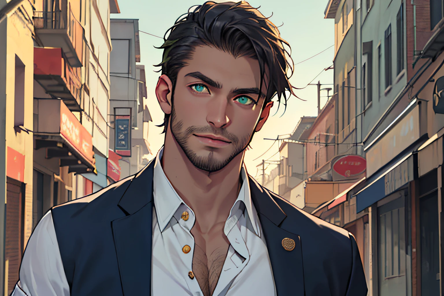 (1man, masterpiece, UHD, best detail), best quality, twilight, cityscape, black hair, muscular man, no chest hair, white shirt, slightly open showing part of his chest, detailed eyes, long beard, tone of light brown skin (bright light green eyes: 1.2), (He wears a navy blue blazer with rolled-up sleeves over a white dress shirt that is half unbuttoned, leaving his chest exposed. In addition, he wears black dress pants, with a belt navy with a gold buckle, and also Oxford shoes). (portrait image, bust)