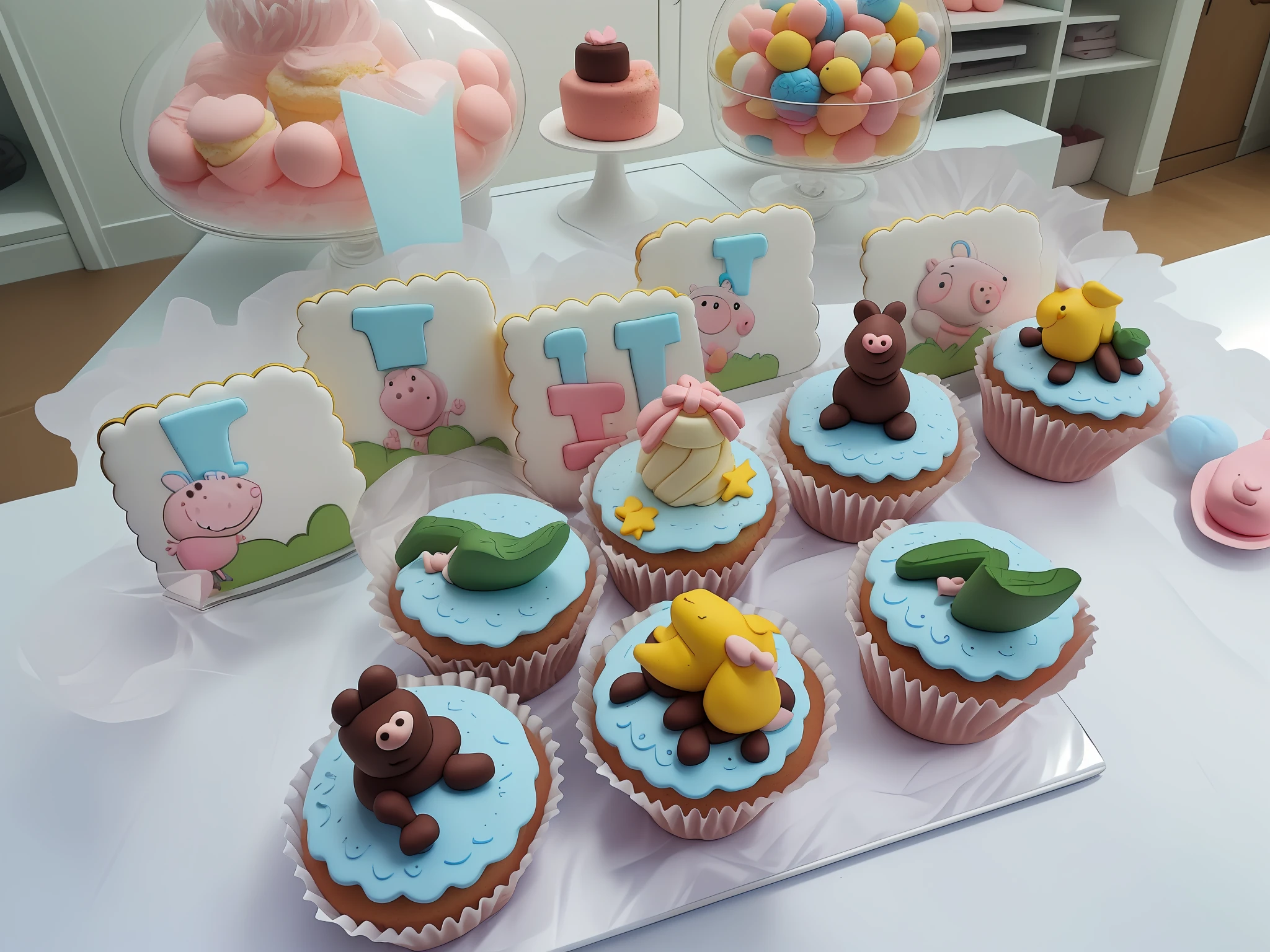 There are cupcakes with different designs on a table, Peppa Pig, Peppa Pig, yummy, shaped cake, added details, cakes, birthday, celebrations