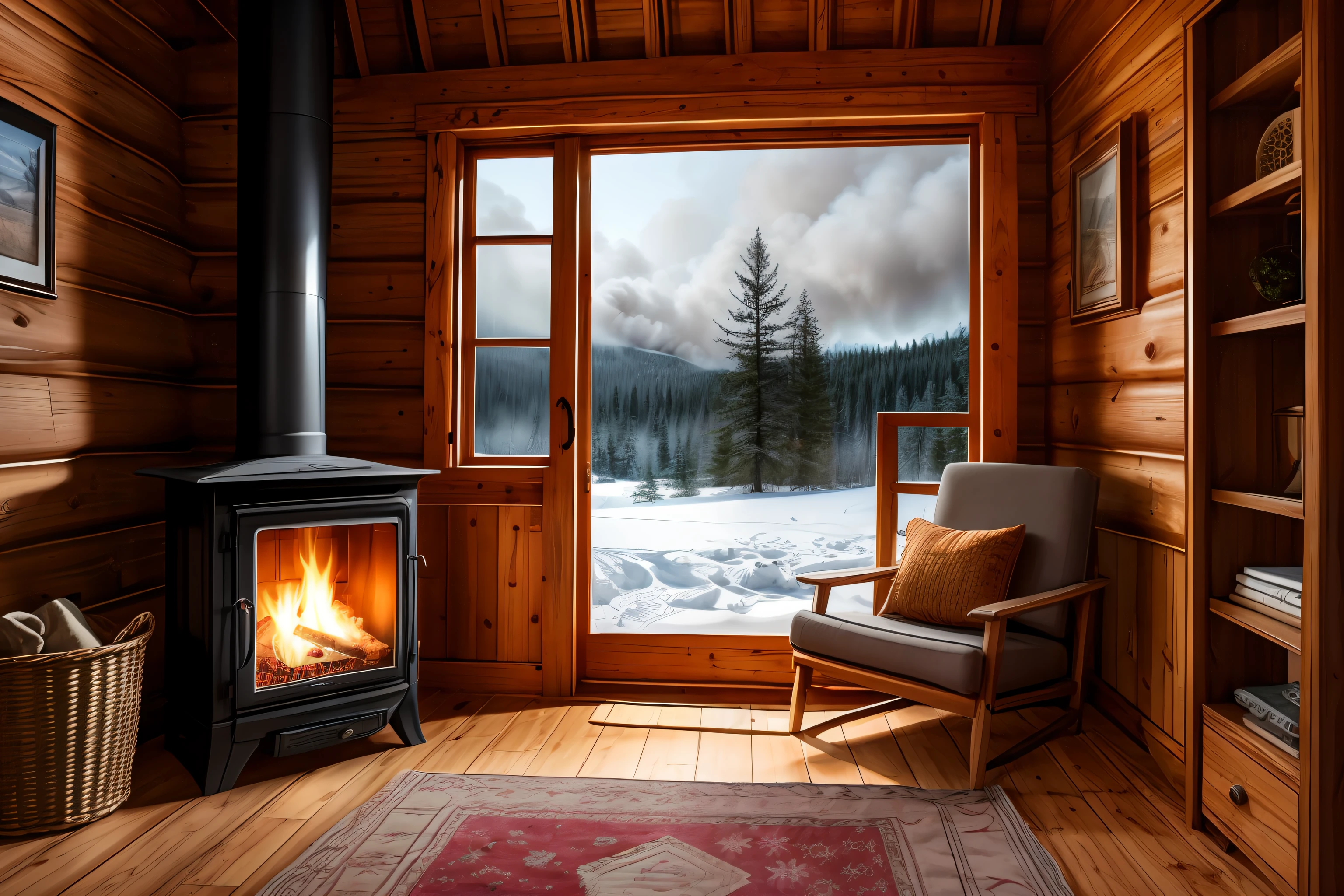 Design an embroidery effect image of a cozy cabin in a snowy forest, with smoke coming out of the chimney and a warm glow emanating from the windows. --auto