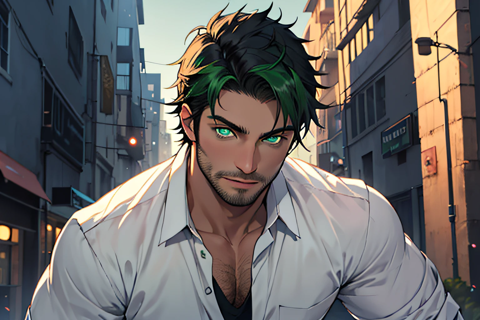 1man, masterpiece, best quality, twilight, cityscape, black hair, muscular man, white shirt, slightly open chest, detailed eyes, stubble, (bright light green eyes: 1.2),