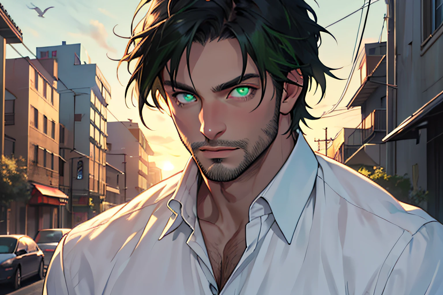 1man, masterpiece, best quality, twilight, cityscape, black hair, muscular man, white shirt, slightly open chest, detailed eyes, stubble, (bright light green eyes: 1.2),