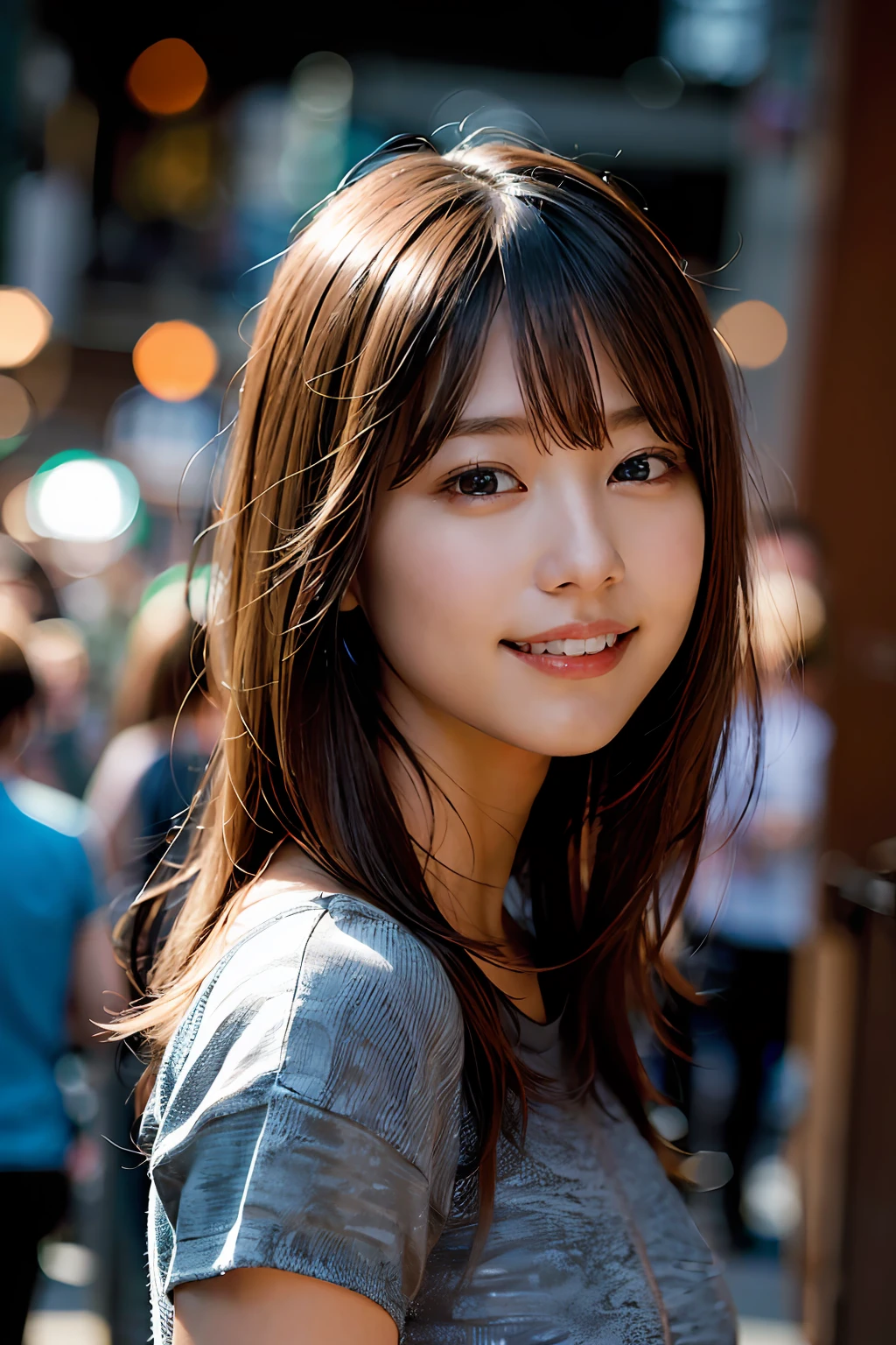 (8k, RAW photo, top quality, masterpiece: 1.2), (realistic, photorealistic: 1.37), ultra detail, ultra high resolution, one girl, beholder, beautiful detailed face, smile, constriction, (slim waist): 1.3), t-shirt, beautiful detailed skin, skin texture, floating hair, professional lighting,