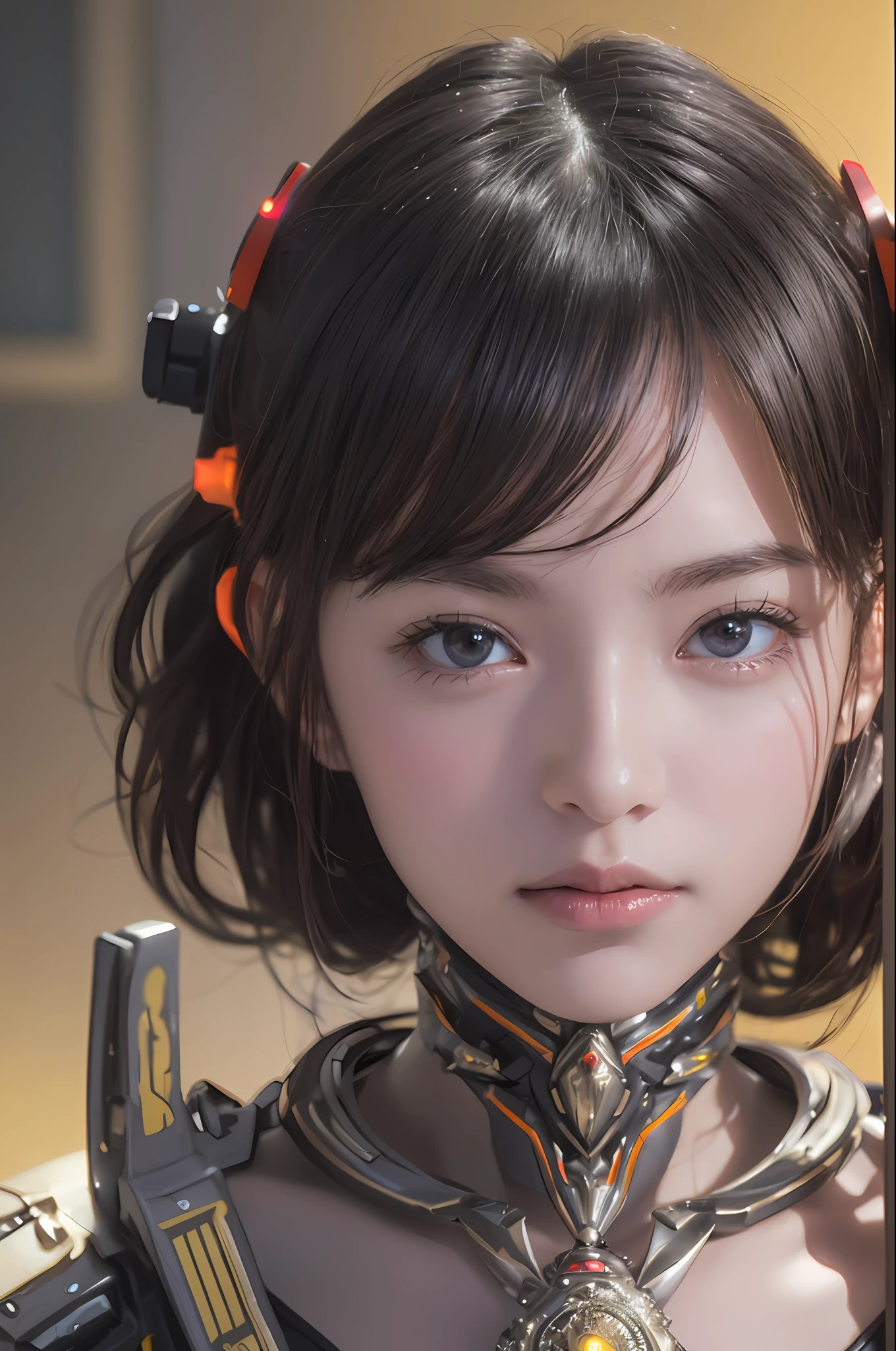 Top Quality, Masterpiece, Ultra High Resolution, (Photorealistic: 1.4), Raw Photo, 1 Girl, Black Hair, Glossy Skin, 1 Mechanical Girl, (Ultra Realistic Details)), Portrait, Global Illumination, Shadows, Octane Rendering, 8K, Ultra Sharp, Colossal, Cleavage Exposed Raw Skin, Metal, Intricate Ornament Details, Egyptian Details, Very intricate details, realistic light, CGSoation trend, purple eyes, glowing eyes, facing the camera, neon details, mechanical limbs, blood vessels connected to the tube, mechanical vertebrae attached to the back, mechanical cervical attachment to the neck, sitting, wires and cables connecting to the head, evangelion, small LED lamp,