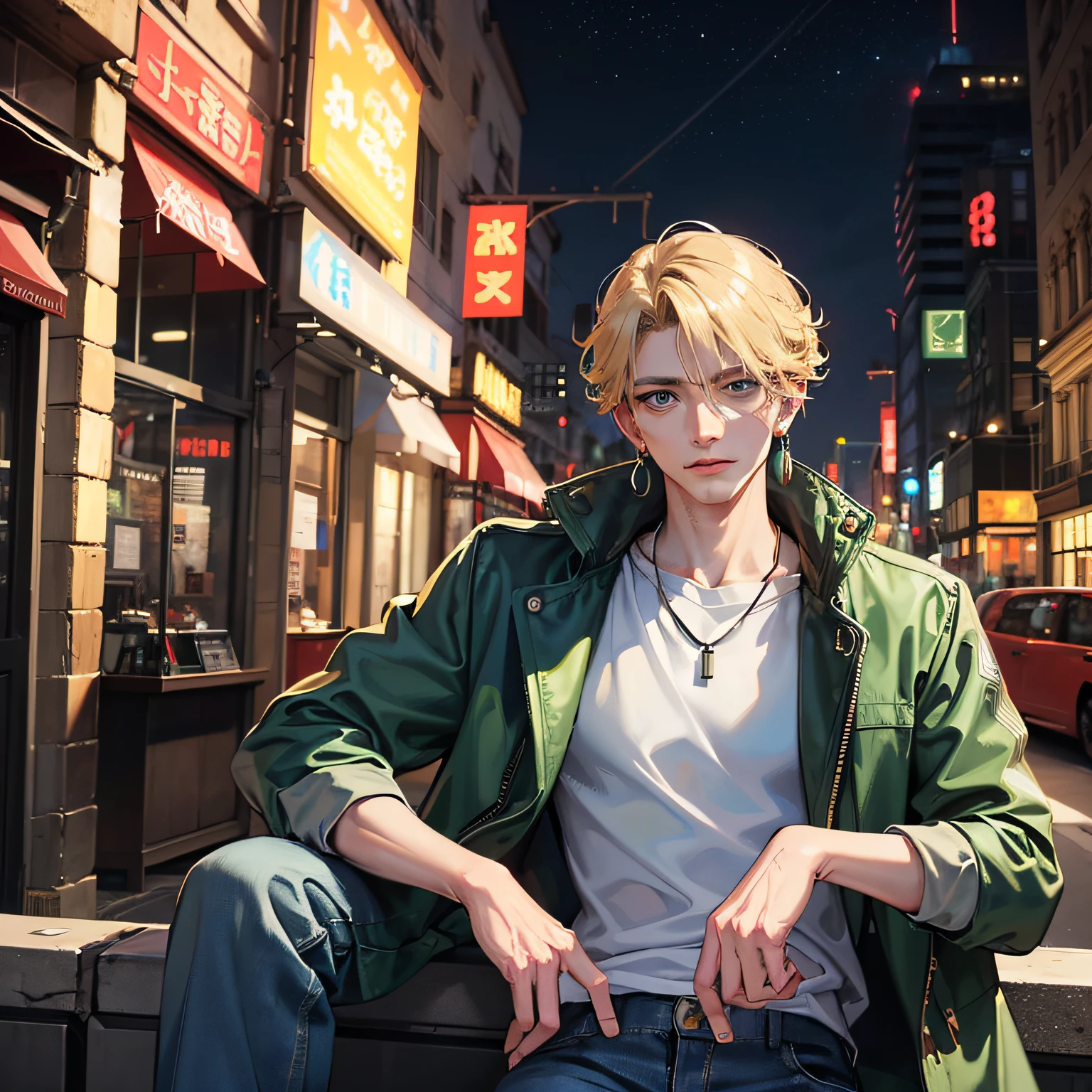(masterpiece, UHD, best image quality, semi realistic, anime), (night, buildings, cityscape, city), (1man, young 23 years old, blond hair, no beard, not very muscular), (moss green jacket , black fuzzy collar, checkered print, jacket over a straight shirt, light blue jeans), white skin tone (bright light blue eyes: 1.2). (face has a scar in the corner of the upper lip). (necklace, and earring on the side of the ear). --auto