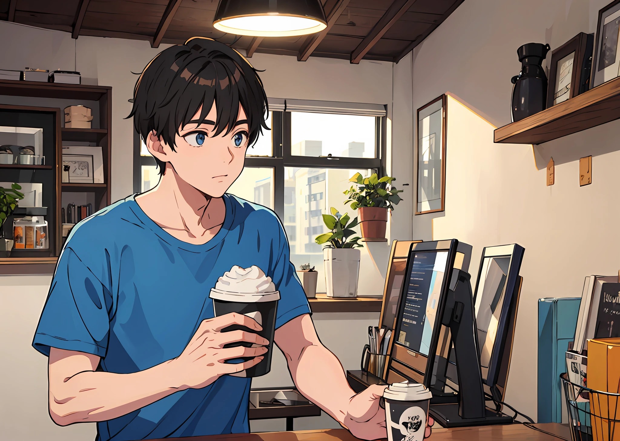 1boy,Blue t-shirt, indoors, drinking coffee