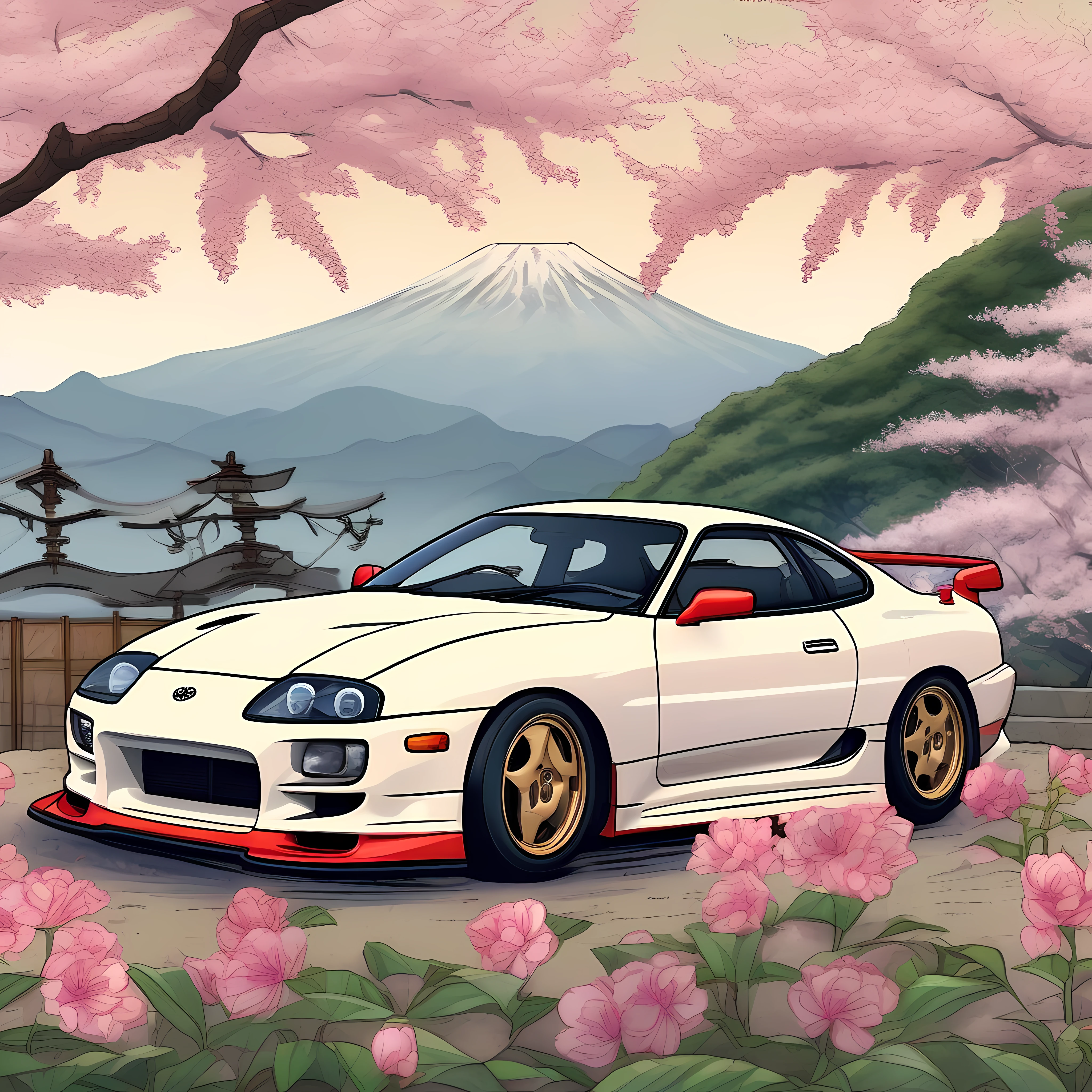 Please create an ultra realistic drawing of a Toyota Supra MK4 in a Japanese landscape.
Describe the scene in detail, including a serene, traditional Japanese landscape with mountains in the background, a tranquil stream, and blossoming Sakuras. Be sure to highlight the Toyota Supra MK4 as the focal point of the design, with its aerodynamic lines, vibrant color and striking details.
Please add ultra-realistic details such as reflections on the car, projected shadows, textures on the sakura petals, and the feeling of movement in the creek waters.
After the initial creation, please show me the drawing so I can make any adjustments. If necessary, I ask to improve some specific details to make the drawing even more realistic and impressive.
Finally, finalize the drawing by applying the finishing touches, adjusting the lighting, doing the final shading, and enhancing the overall atmosphere of the scene.
Thank you in advance for your creativity and artistic skills. I look forward to seeing the final result of the design of the Toyota Supra MK4 in an ultra realistic Japanese landscape!