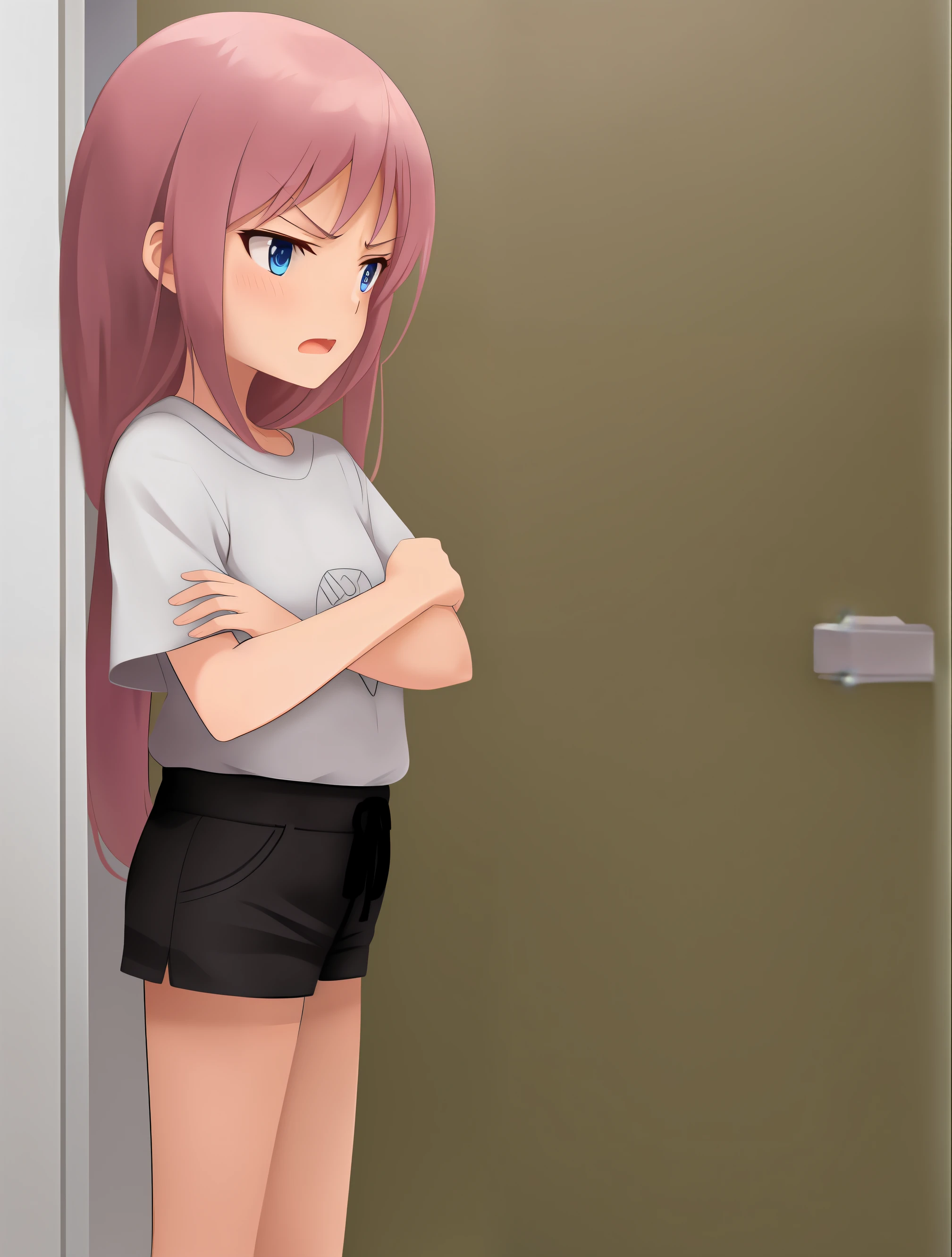 A cute little girl, facing the bathroom door, she seems to be angry, she has pink hair, blue eyes, wears a long white T-shirt and short black shorts, she is with her arms crossed, she is open-mouthed as if she were talking, she is seen sideways in the picture, anime moe artstyle