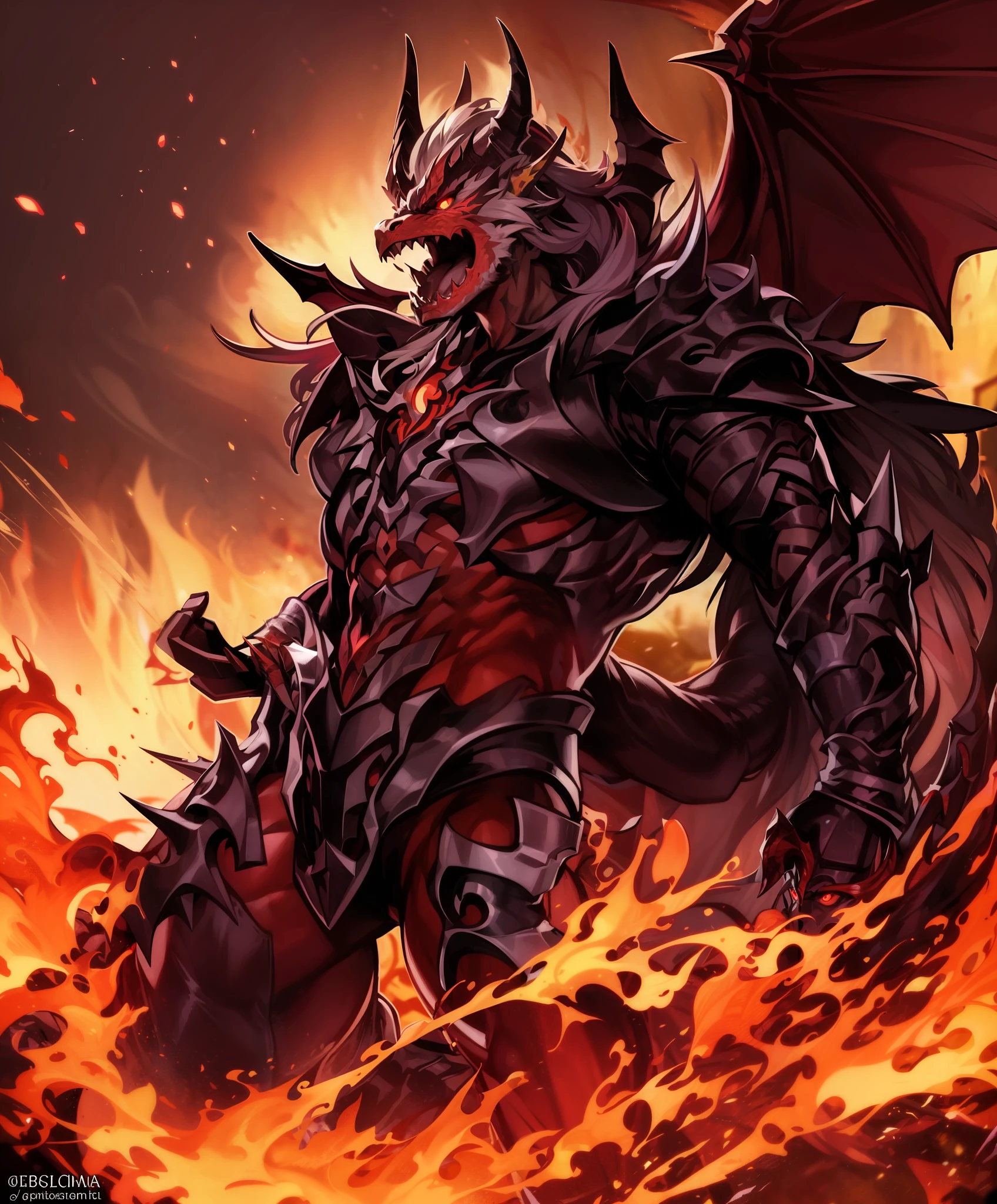 A man, short black hair, revealing his forehead, pointy eyebrows, red eyes, aggressive expression on his face, maniac expression, two dark red dragon horns on his head, shirtless, with lots of dark red tattoos, big gauntlets resembling the arms of a dragon, dark red gauntlets, detailed gauntlets, pointy edgy gauntlets, with 2 dark red dragon wings coming out of his lower back, action pose, in the middle of a fight, full body picture, flames surrounding him, flaming background, 8k, best quality