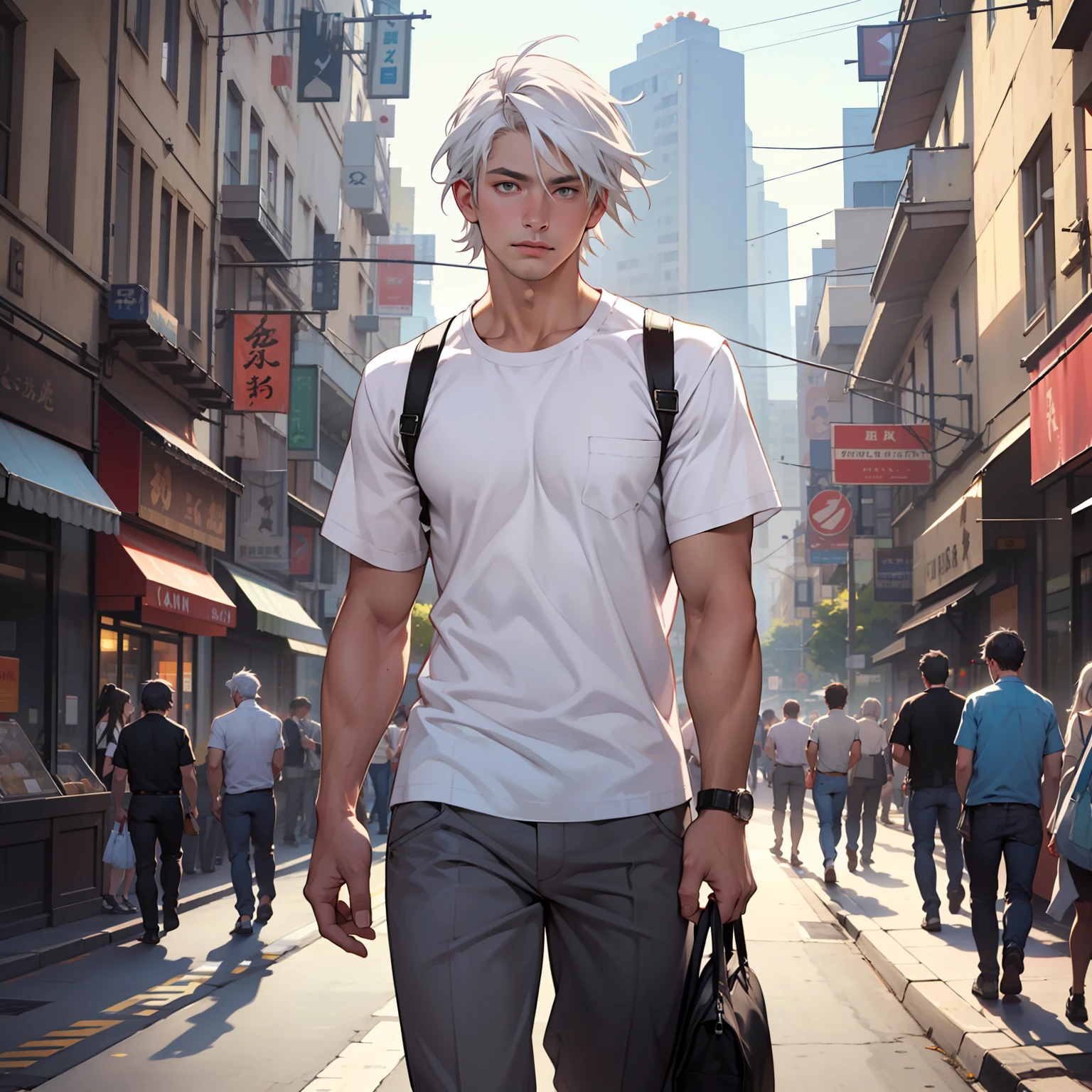 ((realistic: 1.5)),((best quality)), ((masterpiece)),((detailed)), man, white-haired, short, white-sleeved shirt, pants, walking on busy street