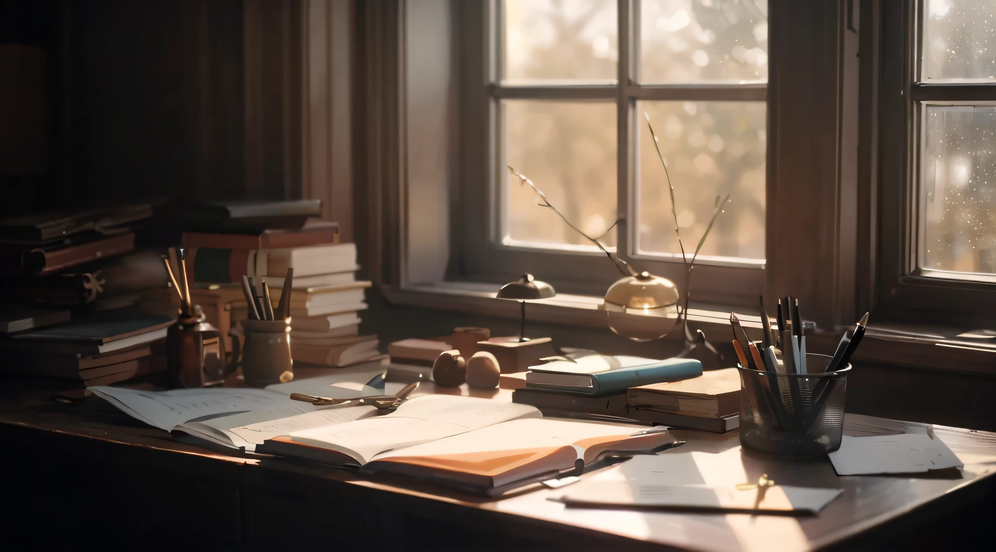 there is a desk with a book, pen and a lamp on it, wooden desks with books, warmly lit posh study, with backdrop of natural light, elegant study, soft light from the window, afternoon lighting, afternoon light, golden hour sunlight, afternoon sunlight, photorealistic cinematic render, atmospheric beautiful details, studying in a brightly lit room, cinematic morning light