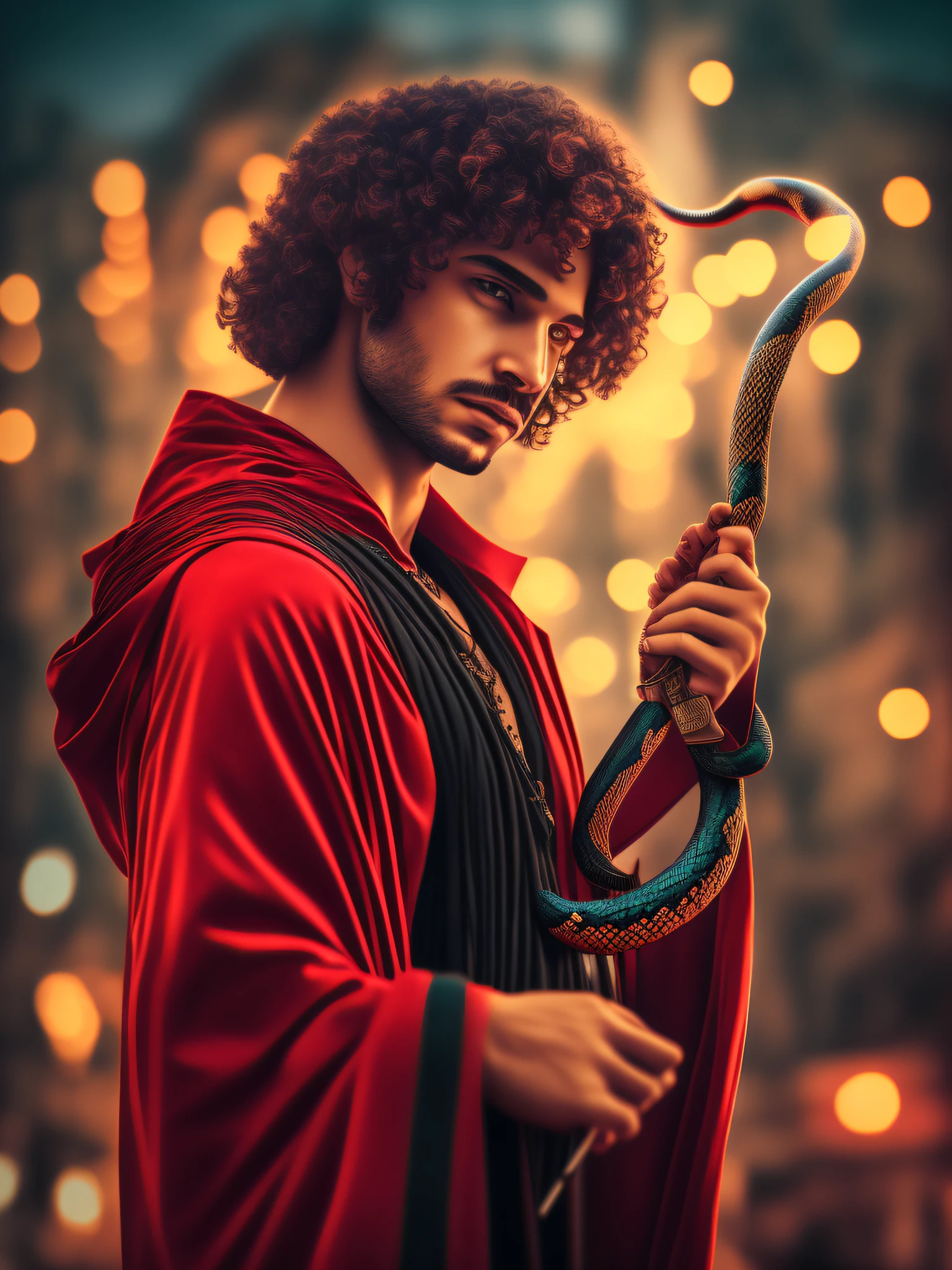 anthro (snake cute), magician, mystery, city night, holding a magic wand, wearing a red and black robe, no_humans, blur, depth of field, to contrast style, deep shadows, (dark: 1.4), (8k, RAW photo, best quality, masterpiece: 1.2)