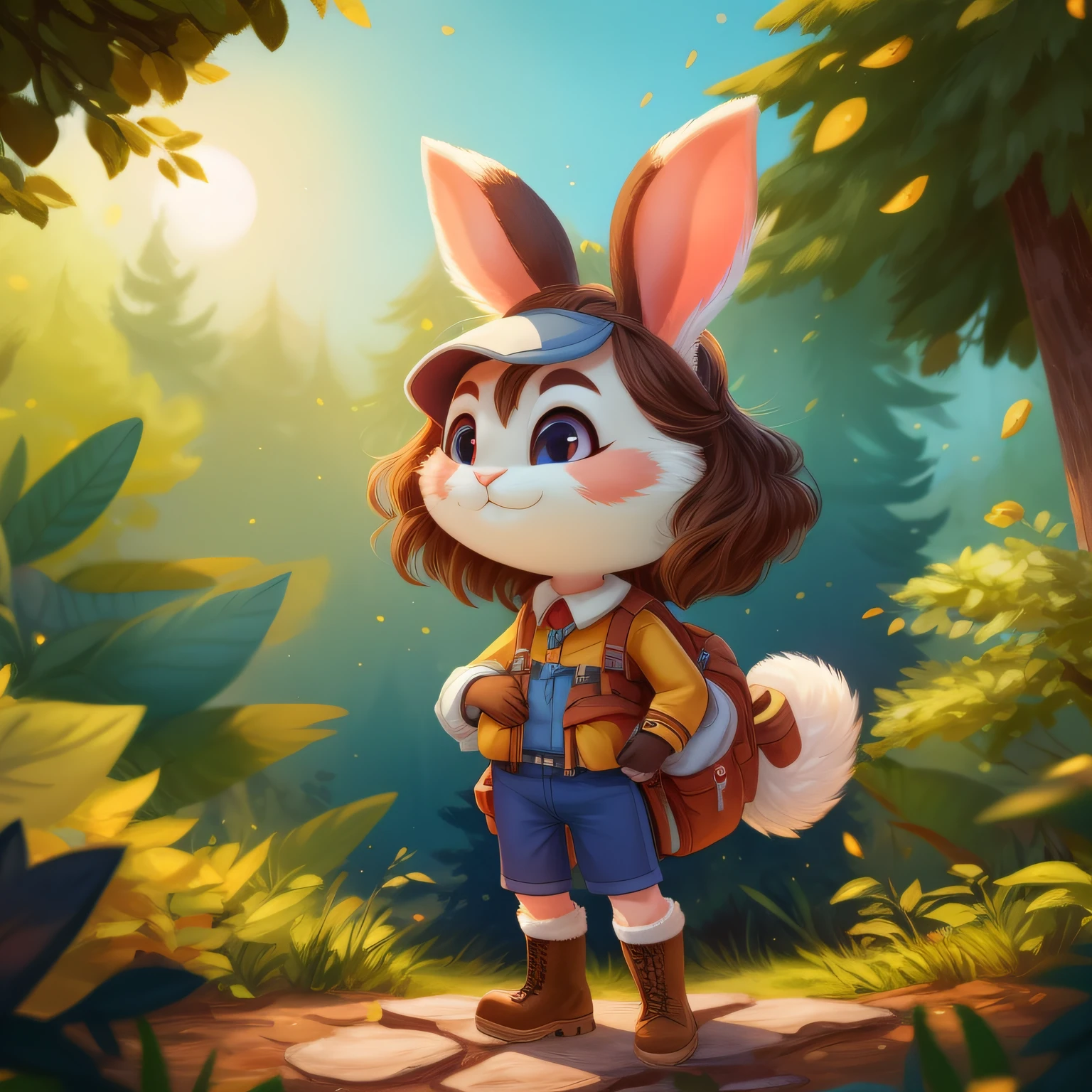 Adventure bunny, back pack, blue shorts, brown hair, boots, back in the enchanted forest