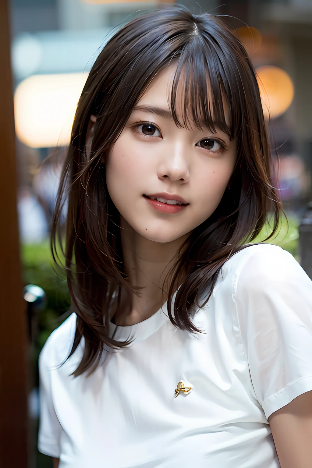 (8k, RAW photo, top quality, masterpiece: 1.2), (realistic, photorealistic: 1.37), ultra detail, ultra high resolution, one girl, beholder, beautiful detailed face, smile, constriction, (slim waist): 1.3), white t-shirt, beautiful detailed skin, skin texture, floating hair, professional lighting,