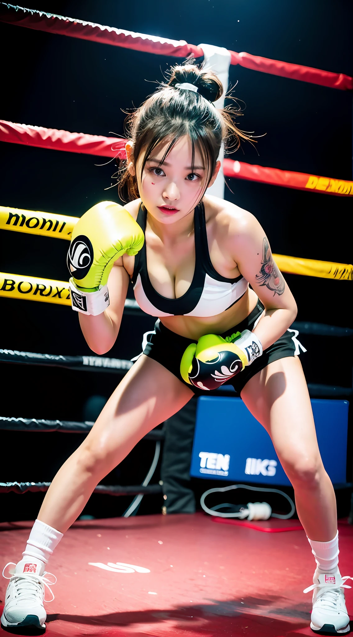 boxing gloves, fluorescent color, model, luminous headgear, heavy makeup, color gangster girl, delinquent, kabukicho, tattooed on face, full body, 