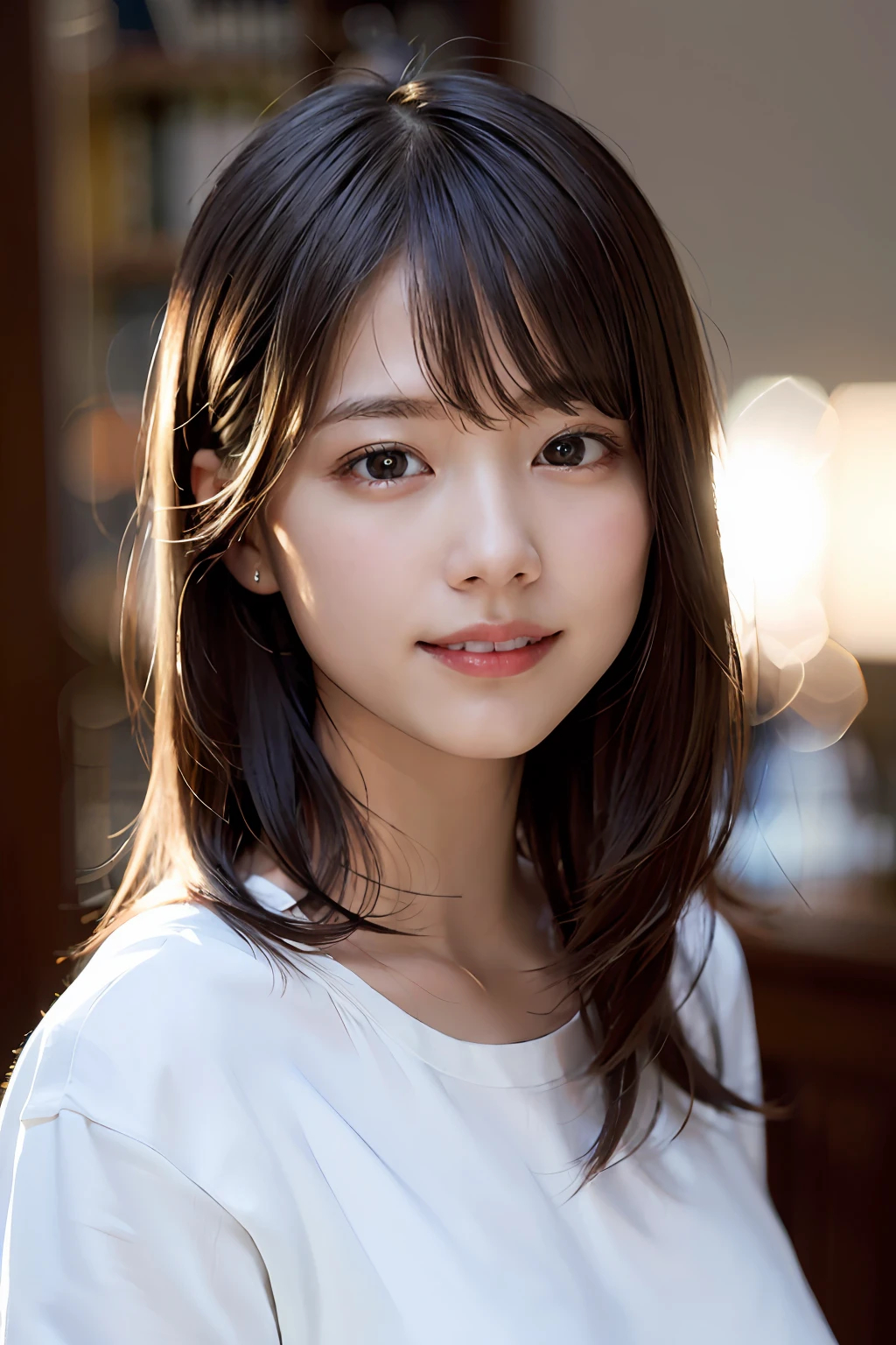 (8k, RAW photo, top quality, masterpiece: 1.2), (realistic, photorealistic: 1.37), ultra detail, ultra high resolution, one girl, beholder, beautiful detailed face, smile, constriction, (slim waist): 1.3), white t-shirt, beautiful detailed skin, skin texture, floating hair, professional lighting,