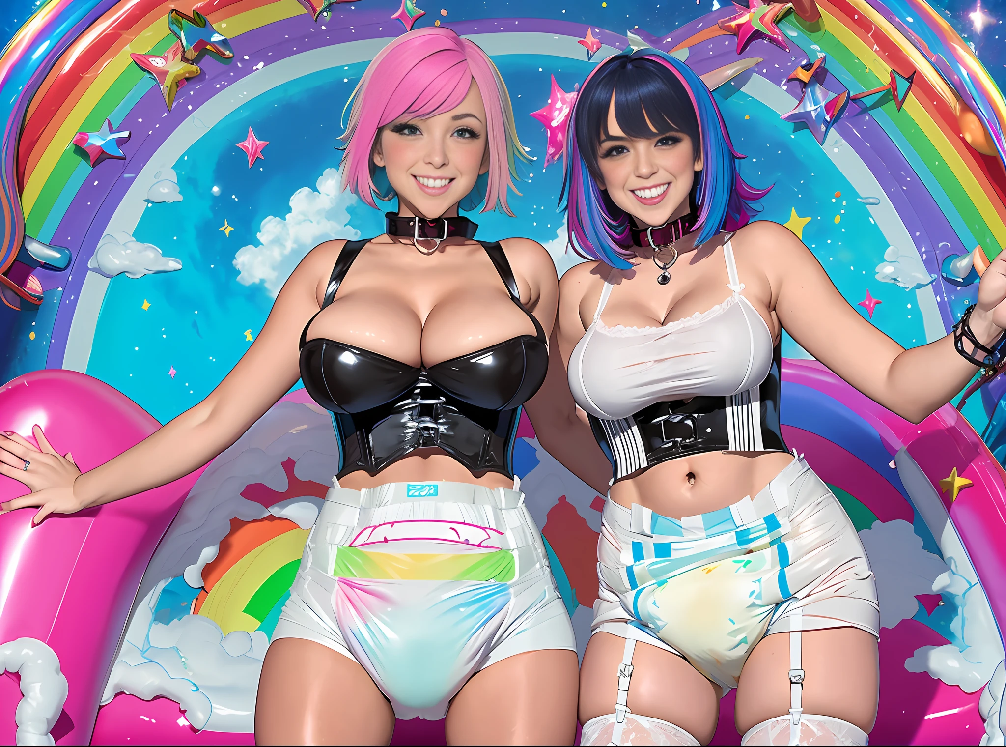 Sexy girls wearing (big diaper), busty, (large breasts), wide hips, (latex), stockings, fishnets, corsets, (hypnotized expression), ((hypnotic)), (magical), (blushing), (embarrassed expression), "bounce house", pleasure, (orgasmic), smiling, colorful, inflatables, (magical fog), (sissy), collar, rainbow hair
