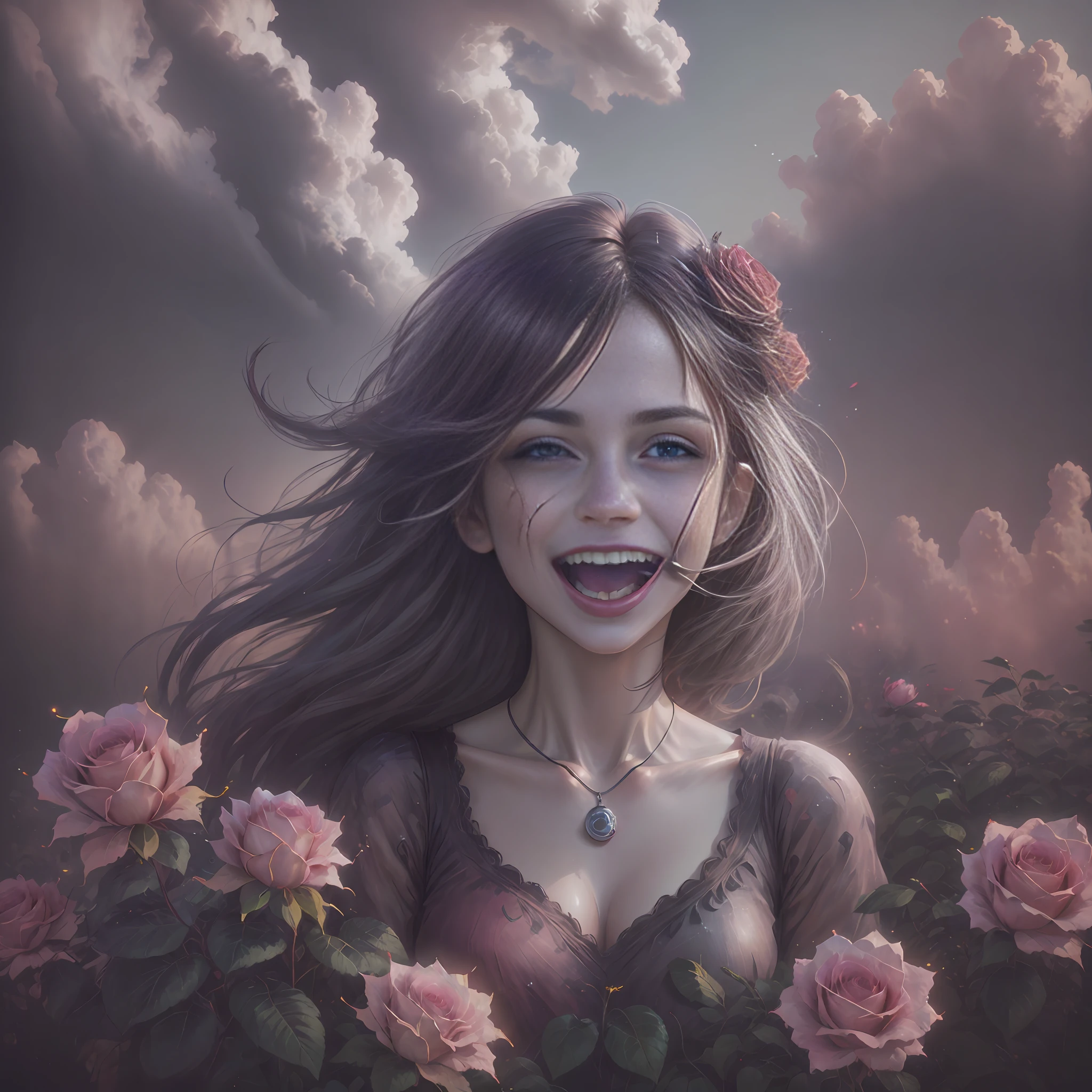 High Quality, Realistic, Real, Background (Beautiful Rose Field), Eyeball Eating Woman, Crazy Laughter, Bloodshed, Hell