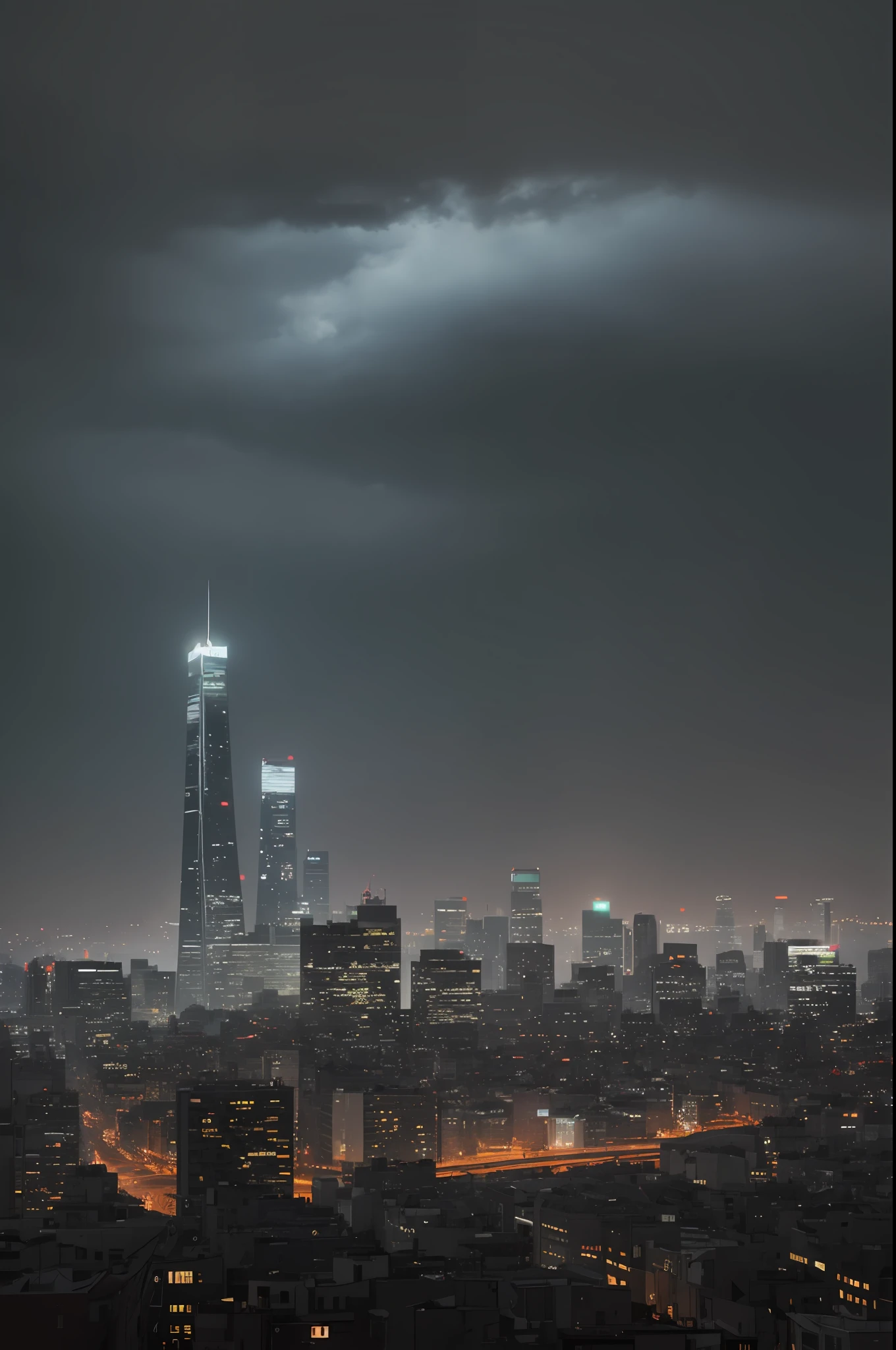 A stormy sky over a cityscape with tall buildings, Tilting, Negative Space, separation light, high key masterpiece, realistic, award winning, volumetric light and fog, neon palette, subsurface scattering, caustics, bloom, perfect exposure, perfect composition, rule of thirds, 8k, hdr10, cinematic, breathtaking, ray tracing