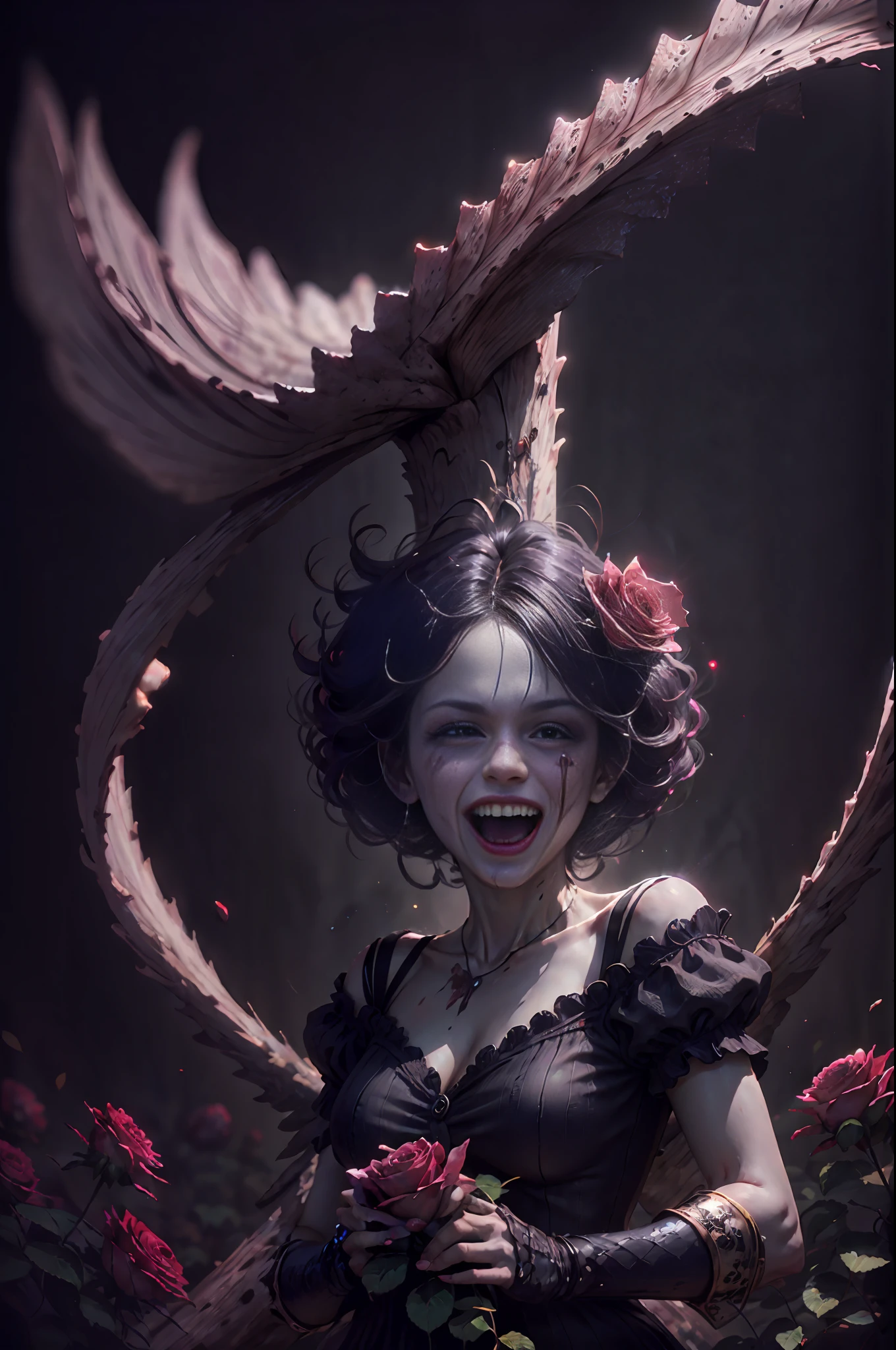 High Quality, Realistic, Real, Background (Beautiful Rose Field), Eyeball Eating Woman, Crazy Laughter, Bloodshed, Hell