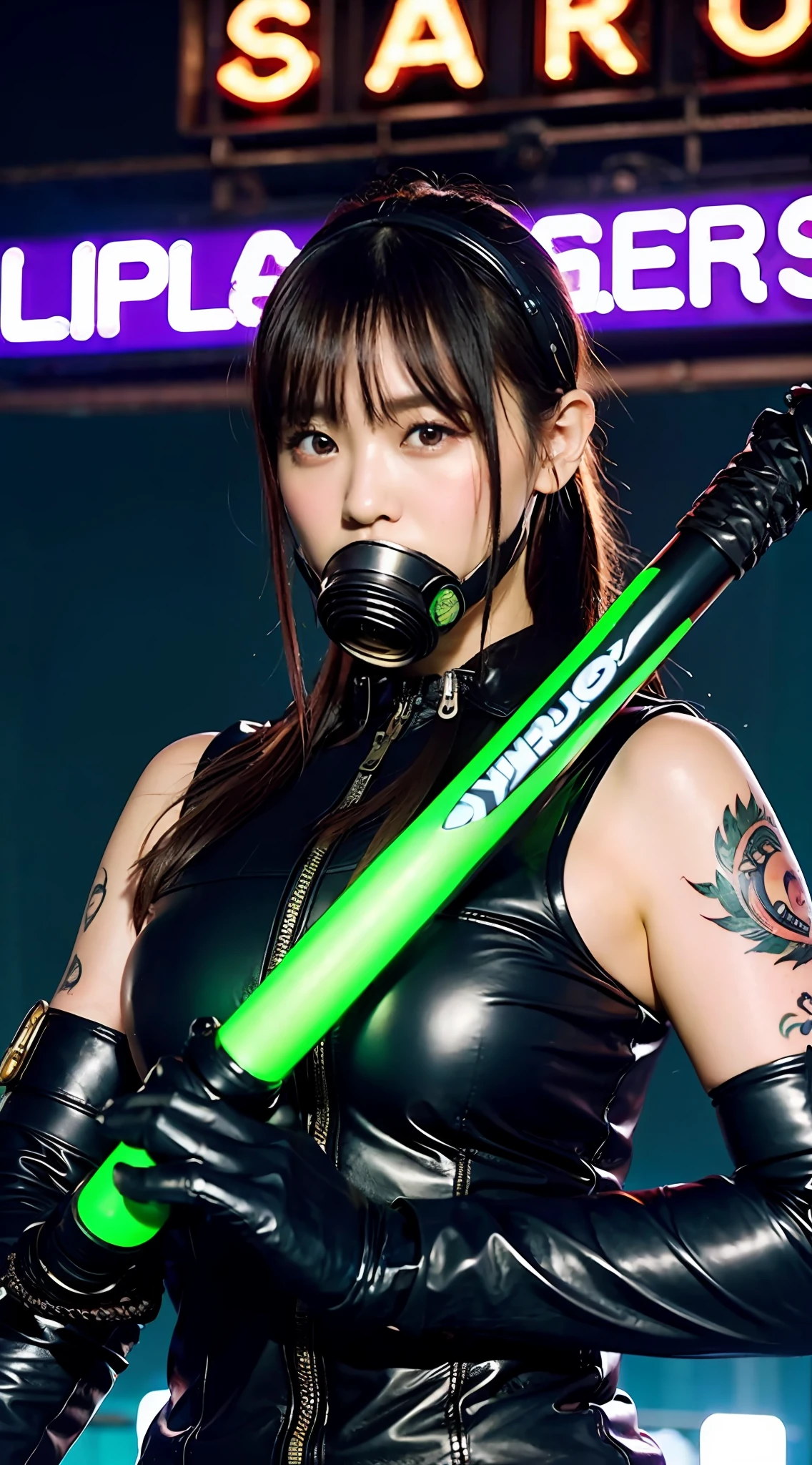 Dictator, tattoo of a large dragon, tattooed all over the body, American football headgear, gas mask, rooftop, huge background holding neon signs, leather gloves, boots, sword, baseball armor,