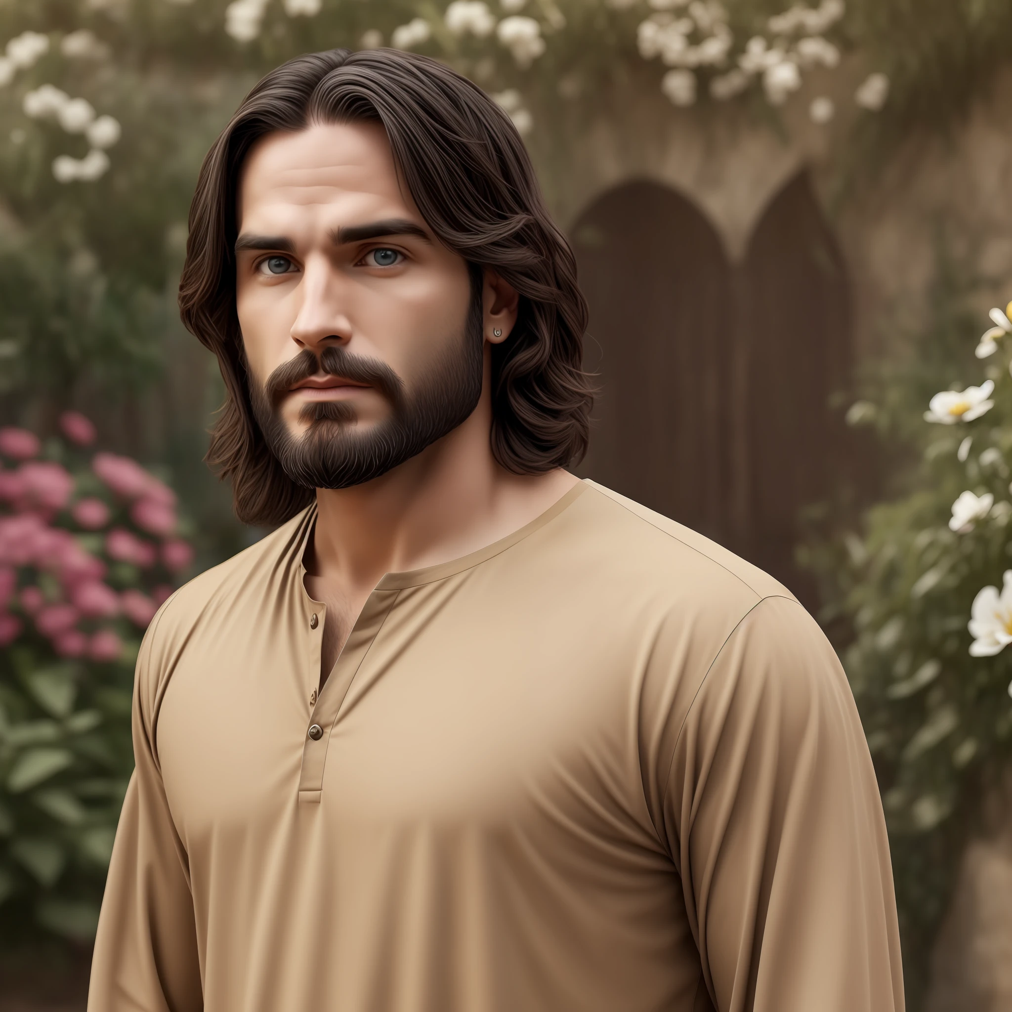 Seth Rollins as Jesus Christ, focus on the details of the face, similar to seth rollins, wearing long beige tunic of the Hebrews, Jesus style of the Bible, realistic image, background of the heavenly garden image with animals and flowers, best quality, 8k, focus on the details.