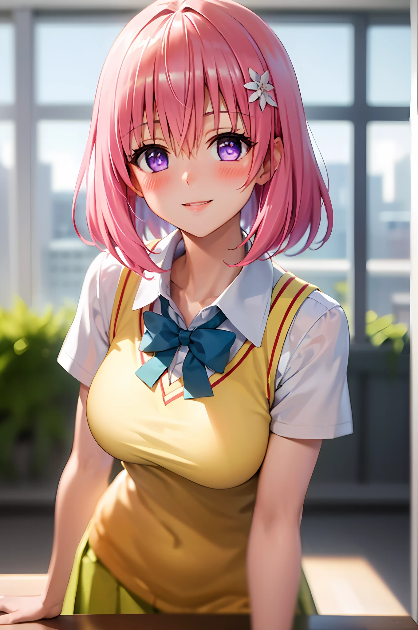 (best quality:1.1), (masterpiece:1.4), (absurdres:1.0), portrait, close up,
1girl, momo velia deviluke, hair ornament, bob cut, short hair pink hair, purple eyes, medium breasts, yellow school uniform, looking at viewer, classroom, (blush:1.2), smile,