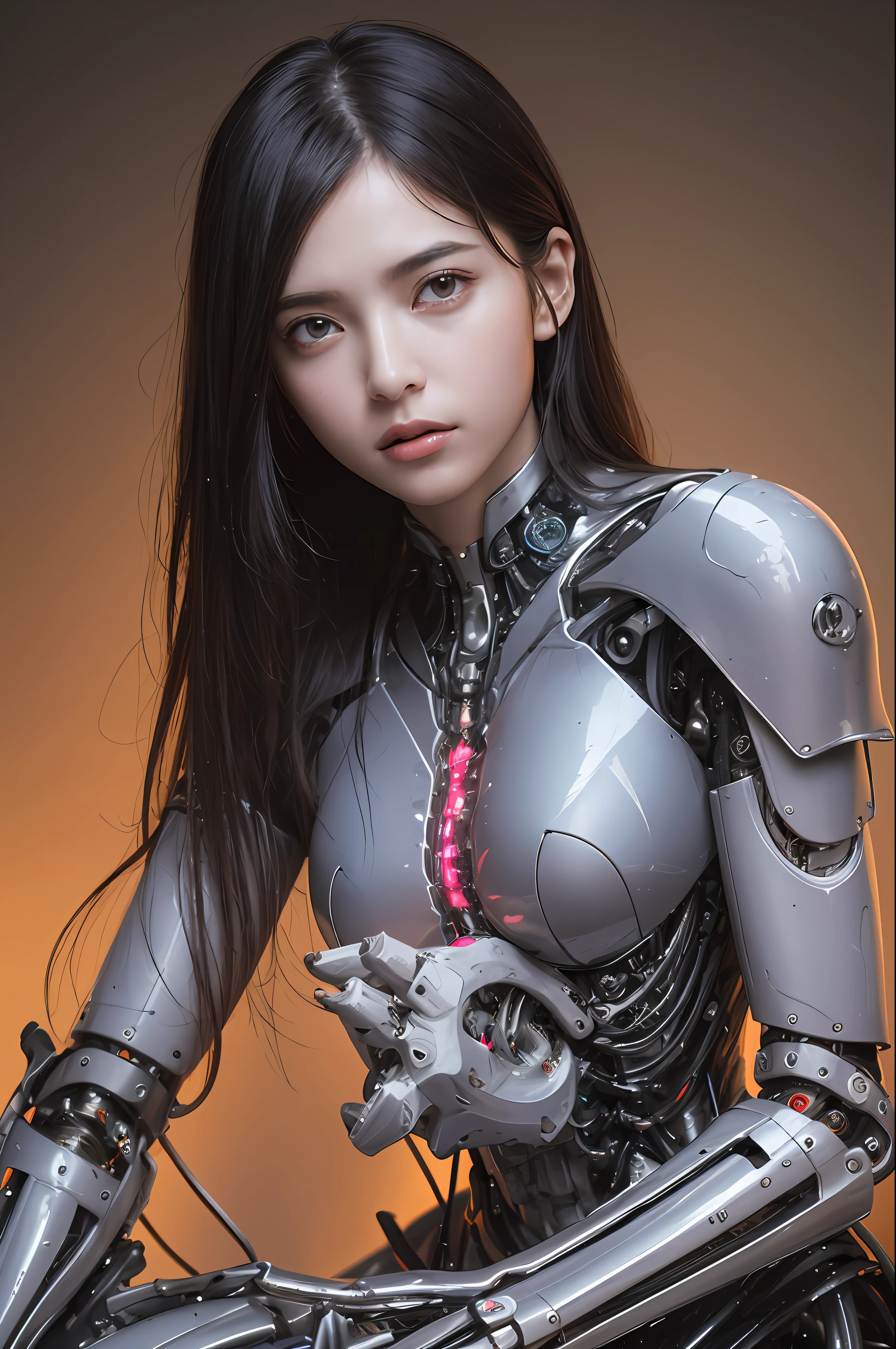 Top Quality, Masterpiece, Ultra High Resolution, (Photorealistic: 1.4), Raw Photo, 1 Girl, Black Hair, Glossy Skin, 1 Mechanical Girl, (Ultra Realistic Details)), Portrait, Global Illumination, Shadows, Octane Rendering, 8K, Ultra Sharp, Colossal, Cleavage Exposed Raw Skin, Metal, Intricate Ornament Details, Egyptian Details, Very intricate details, realistic light, CGSoation trend, purple eyes, glowing eyes, facing the camera, neon details, mechanical limbs, blood vessels connected to the tube, mechanical vertebrae attached to the back, mechanical cervical attachment to the neck, sitting, wires and cables connecting to the head, evangelion, small LED lamp,