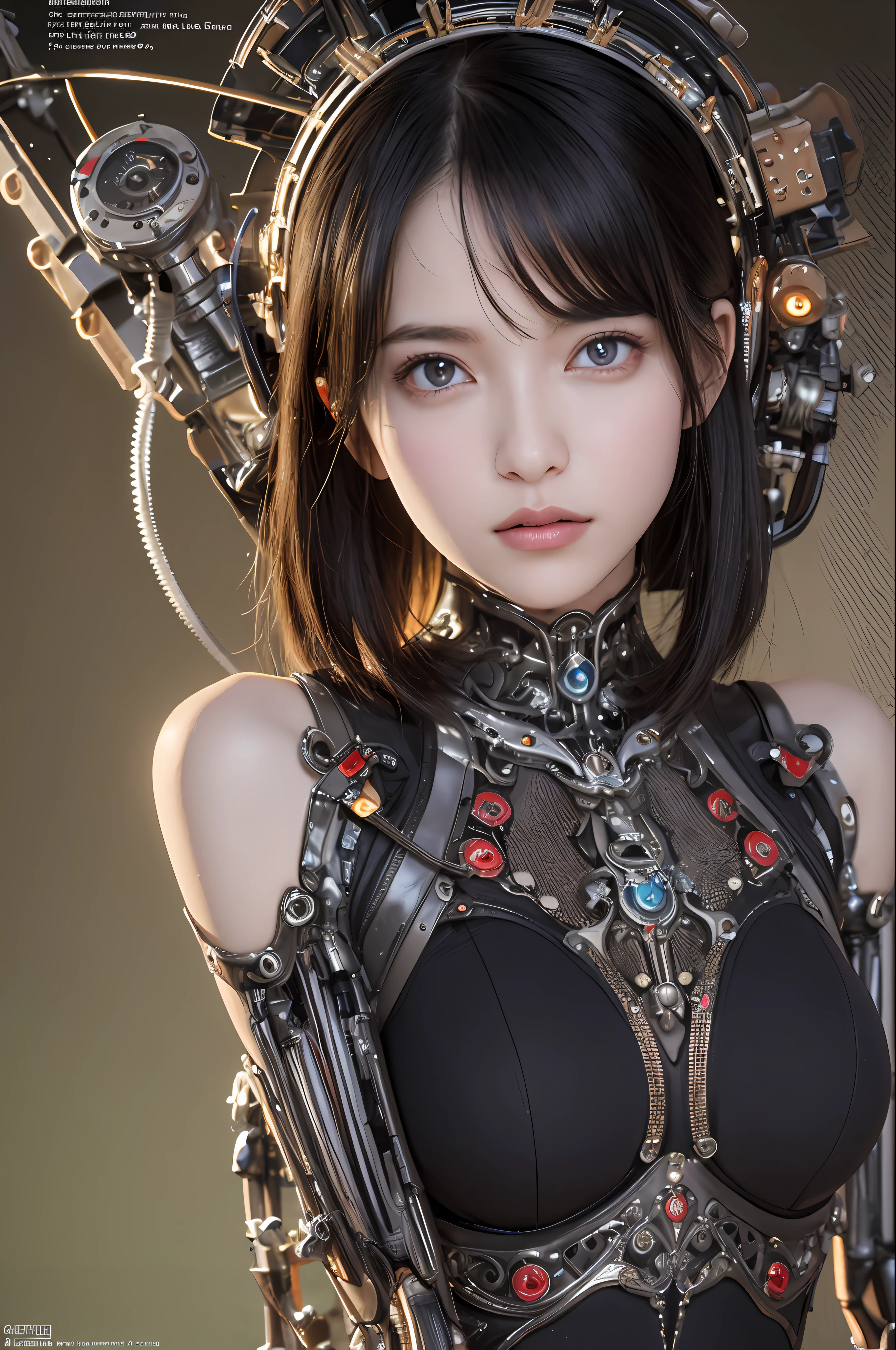 Top Quality, Masterpiece, Ultra High Resolution, (Photorealistic: 1.4), Raw Photo, 1 Girl, Black Hair, Glossy Skin, 1 Mechanical Girl, (Ultra Realistic Details)), Portrait, Global Illumination, Shadows, Octane Rendering, 8K, Ultra Sharp, Colossal, Cleavage Exposed Raw Skin, Metal, Intricate Ornament Details, Egyptian Details, Very intricate details, realistic light, CGSoation trend, purple eyes, glowing eyes, facing the camera, neon details, mechanical limbs, blood vessels connected to the tube, mechanical vertebrae attached to the back, mechanical cervical attachment to the neck, sitting, wires and cables connecting to the head, evangelion, small LED lamp,