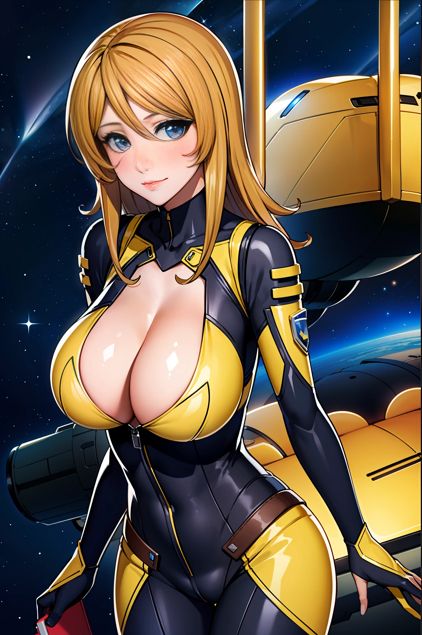 8k, 1girl,space ship,bodysuit,cleavage, night,galaxy, space, huge breasts, holding laptop, looking at viewer, , solo focus, cowboy shot, (masterpiece:1.4),(best quality:1.4),(shiny skin),steaming body ,