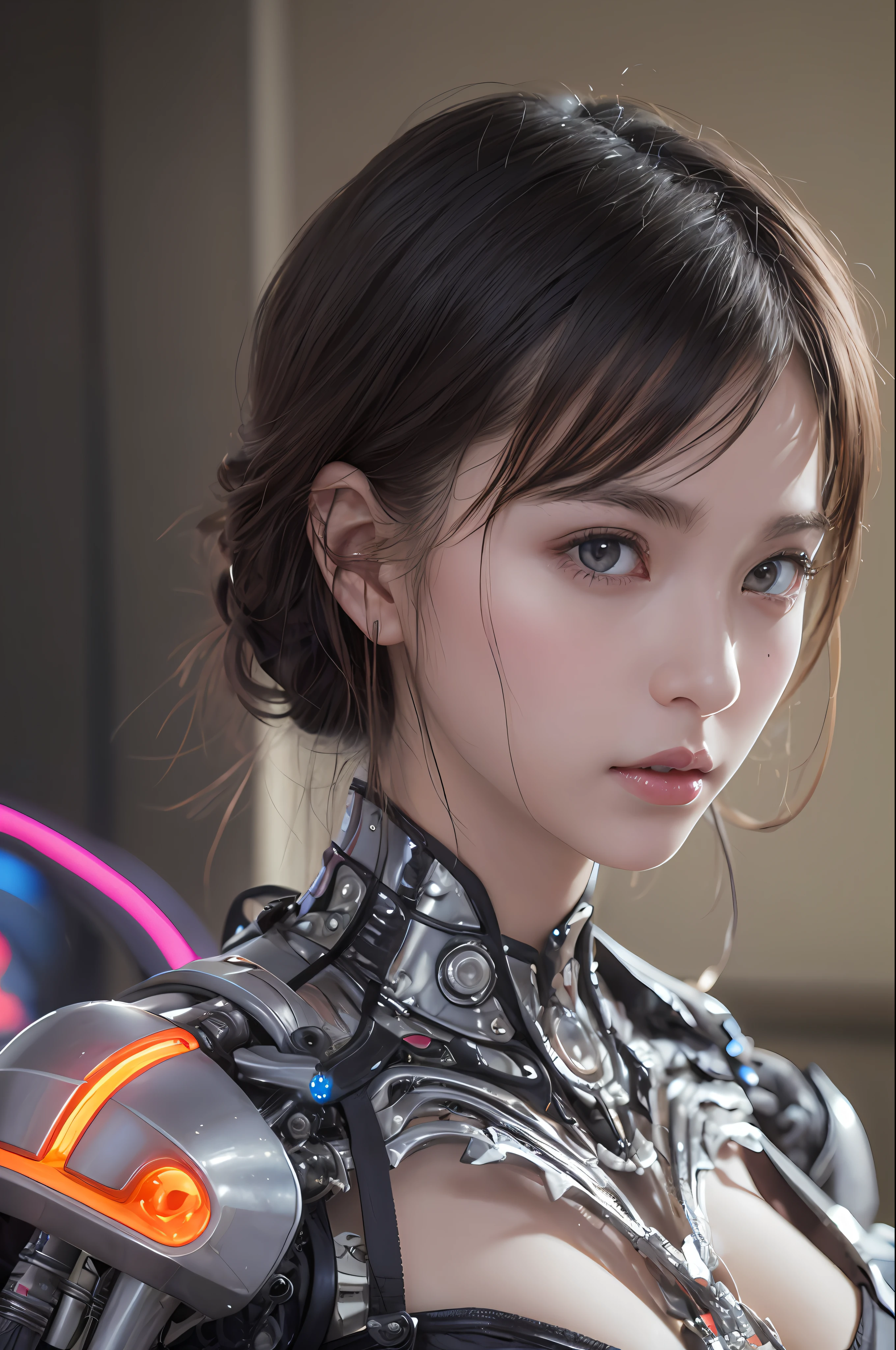 Top Quality, Masterpiece, Ultra High Resolution, (Photorealistic: 1.4), Raw Photo, 1 Girl, Black Hair, Glossy Skin, 1 Mechanical Girl, (Ultra Realistic Details)), Portrait, Global Illumination, Shadows, Octane Rendering, 8K, Ultra Sharp, Colossal, Cleavage Exposed Raw Skin, Metal, Intricate Ornament Details, Egyptian Details, Very intricate details, realistic light, CGSoation trend, purple eyes, glowing eyes, facing the camera, neon details, mechanical limbs, blood vessels connected to the tube, mechanical vertebrae attached to the back, mechanical cervical attachment to the neck, sitting, wires and cables connecting to the head, evangelion, small LED lamp,