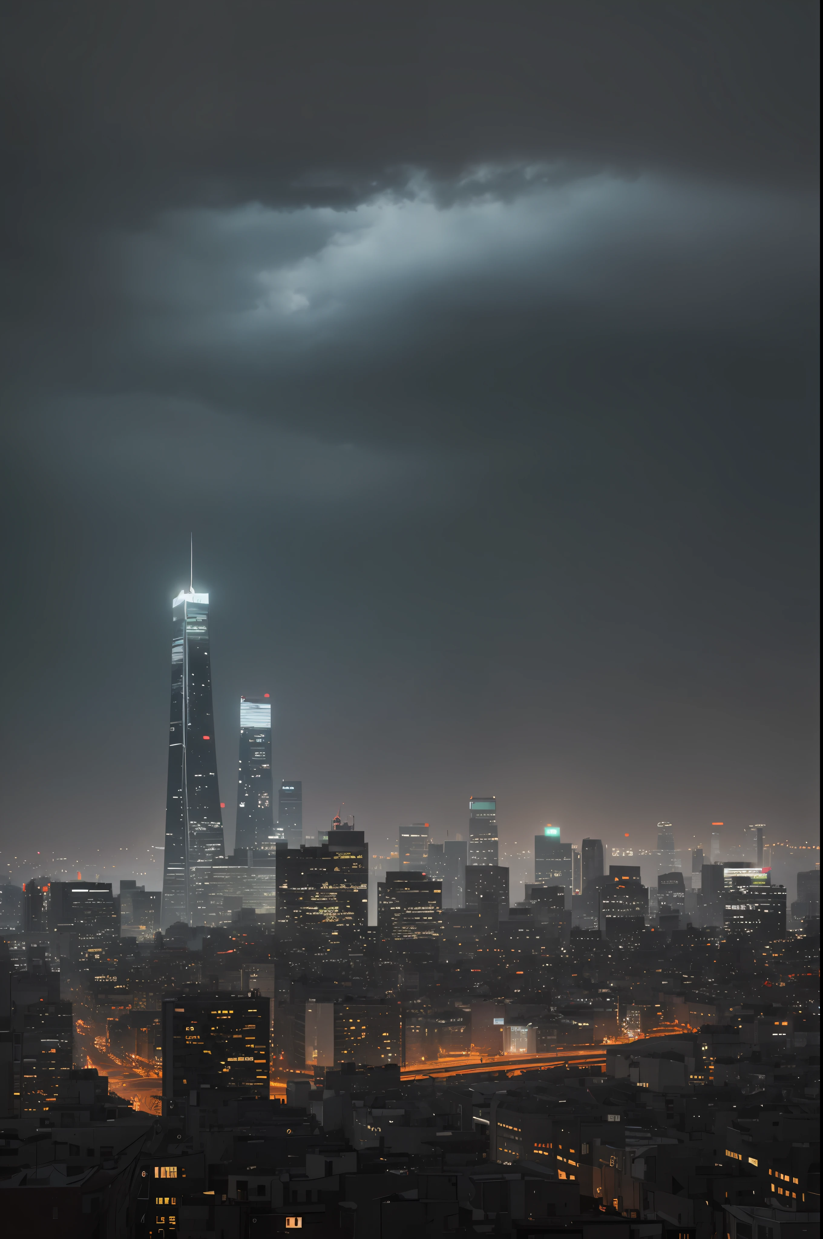 A stormy sky over a cityscape with tall buildings, Tilting, Negative Space, separation light, high key masterpiece, realistic, award winning, volumetric light and fog, neon palette, subsurface scattering, caustics, bloom, perfect exposure, perfect composition, rule of thirds, 8k, hdr10, cinematic, breathtaking, ray tracing