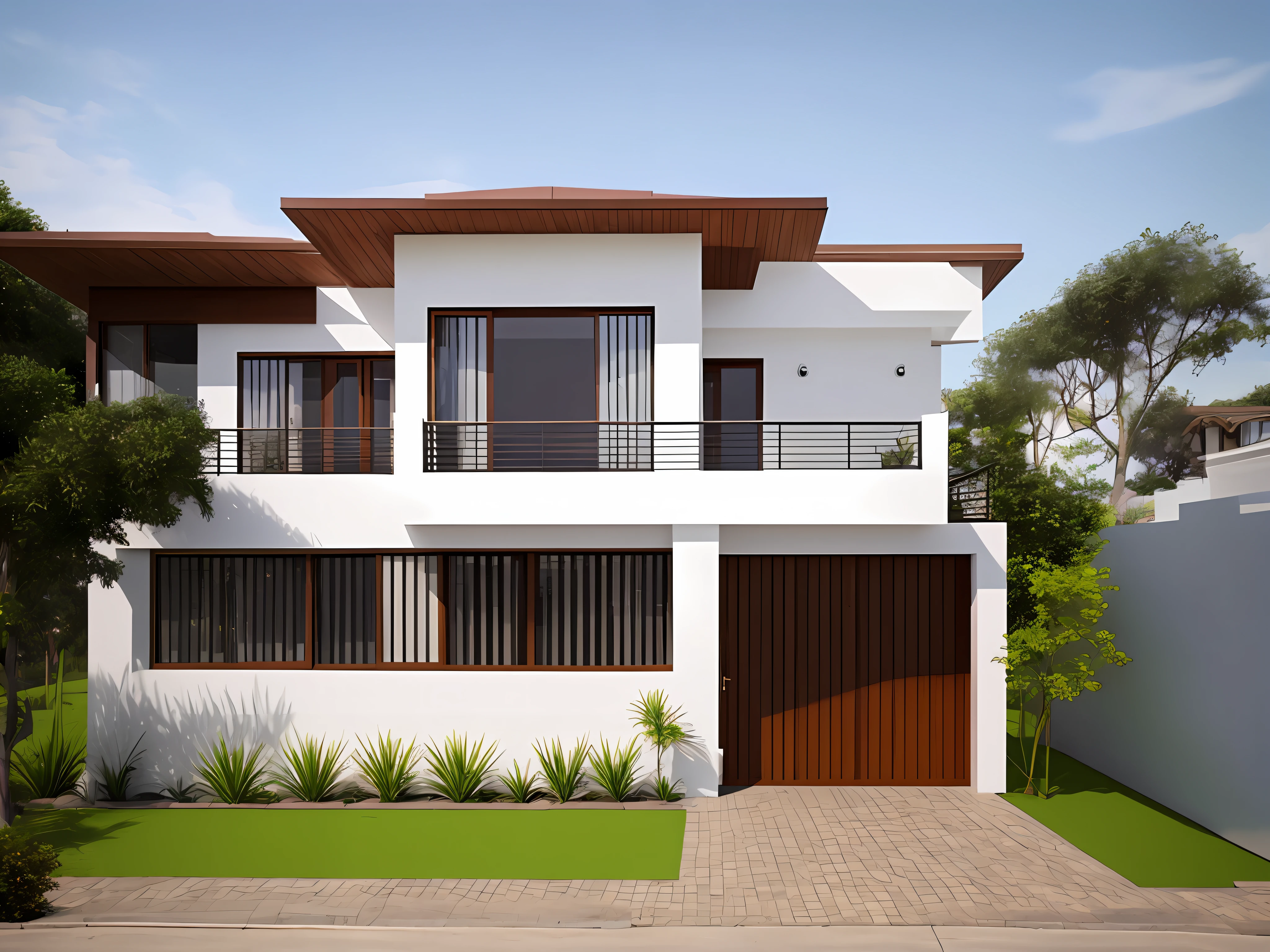 A beautiful two-story house, white in color, with balcony, glass windows, a white wall, a red wooden gate, front of the house some green plants, and a small lawn.