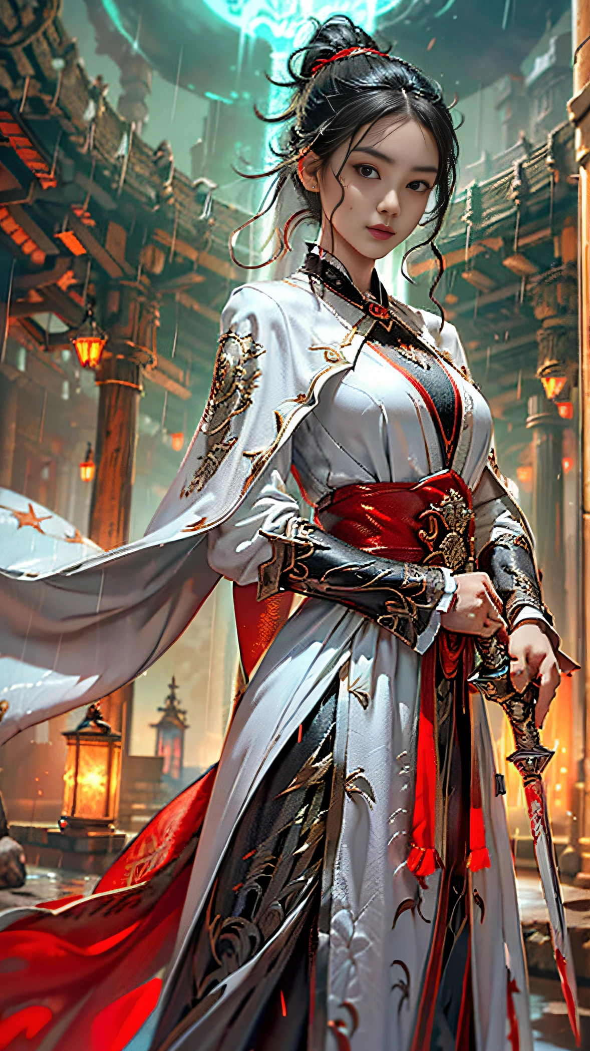 Alafid image, a woman in a white robe holding a sword, white Hanfu, she holds a katana, beautiful figure painting, Hanfu, carrying a sword on her shoulder, a female samurai, Guvez style artwork, she holds a sword, beautiful sword, martial arts --auto
