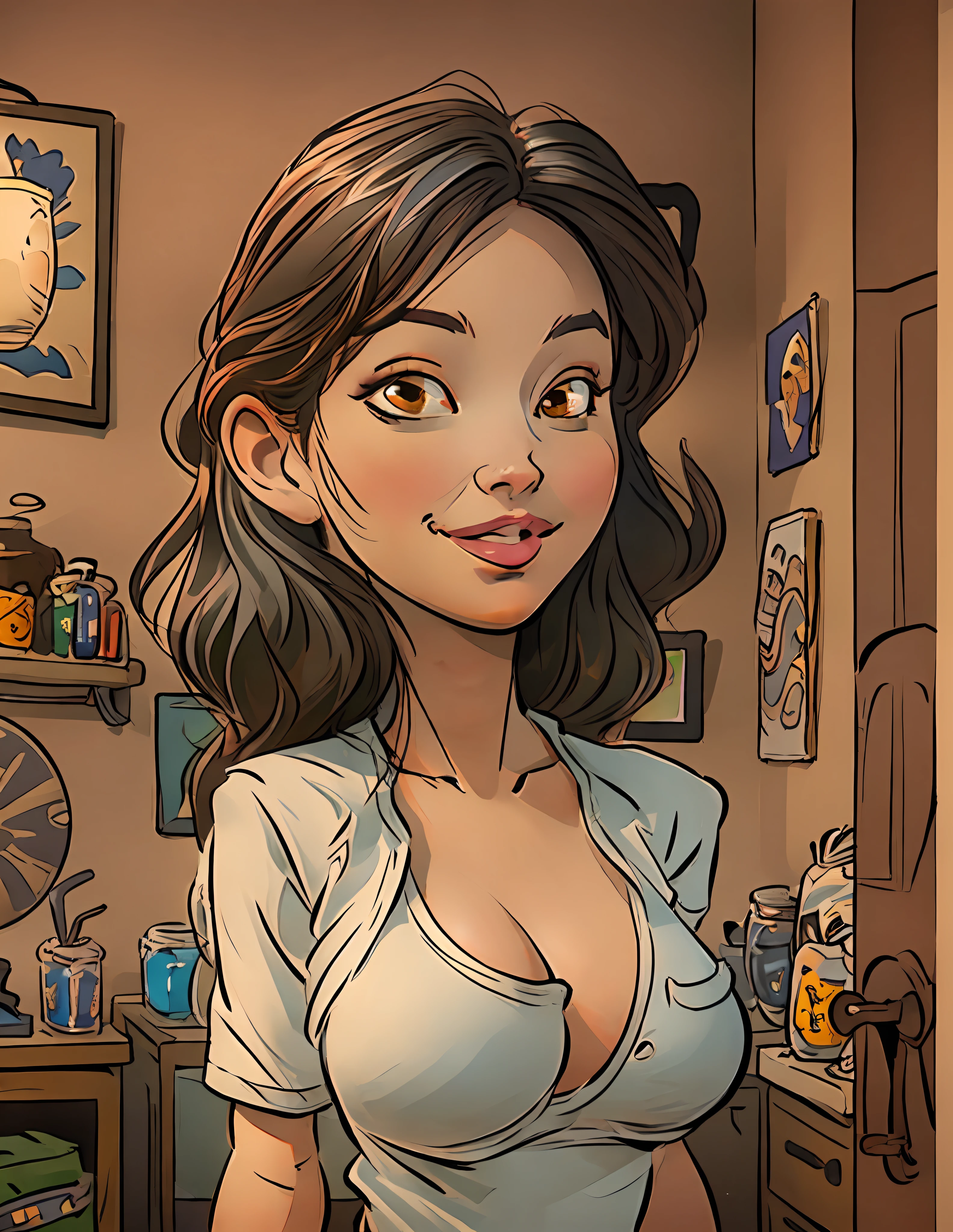 Big tits, 1girl,at home, brown eyes, black hair,(extremely detailed CG unity 8k wallpaper), (masterpiece), (best quality), (ultra-detailed), (best illustration), (best shadow), ultra-high res, (photorealistic:1.4), (open shirt)), (sexy shirt), no bra, collarbone, no panties, (((big breasts:1.2))), (light silver hair:1.2), looking at viewer, light smile, upper body, makeup